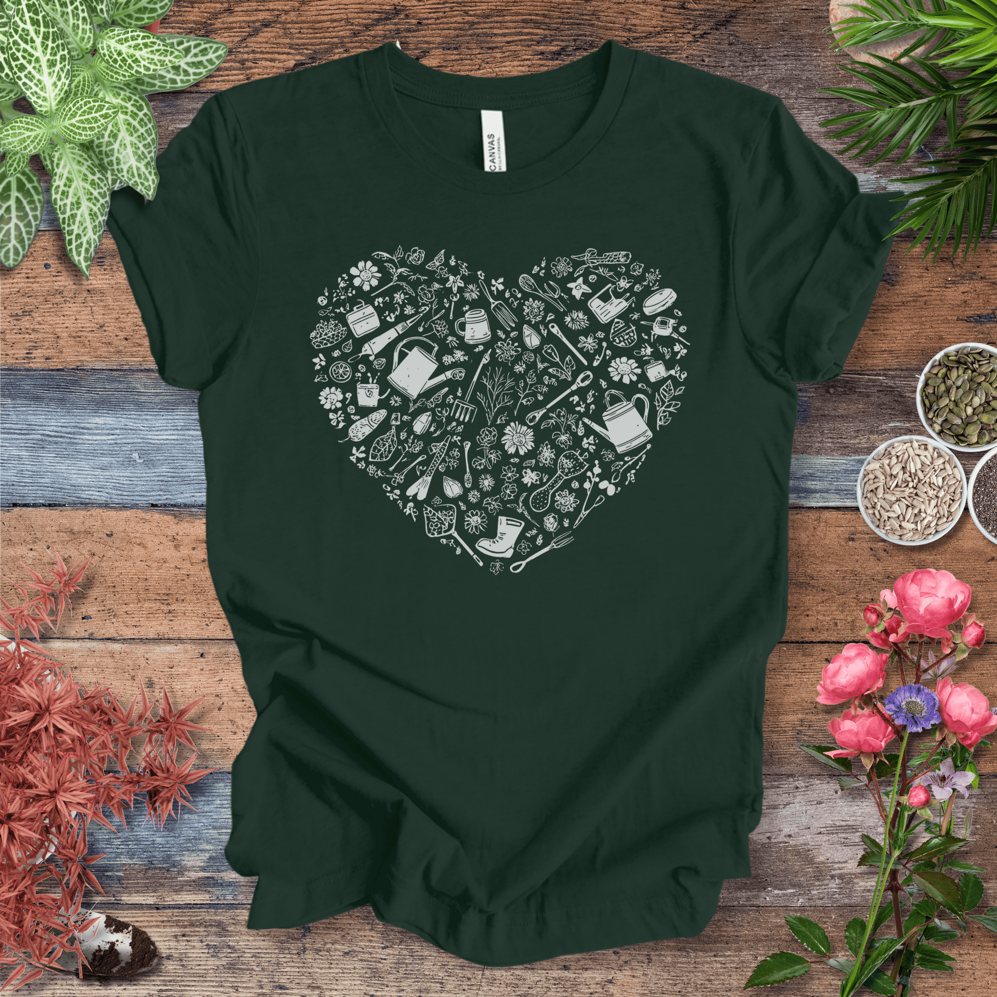 Printify T-Shirt Forest / S Gardening Tools T-Shirt – Botanical Garden Tools Heart Graphic Tee