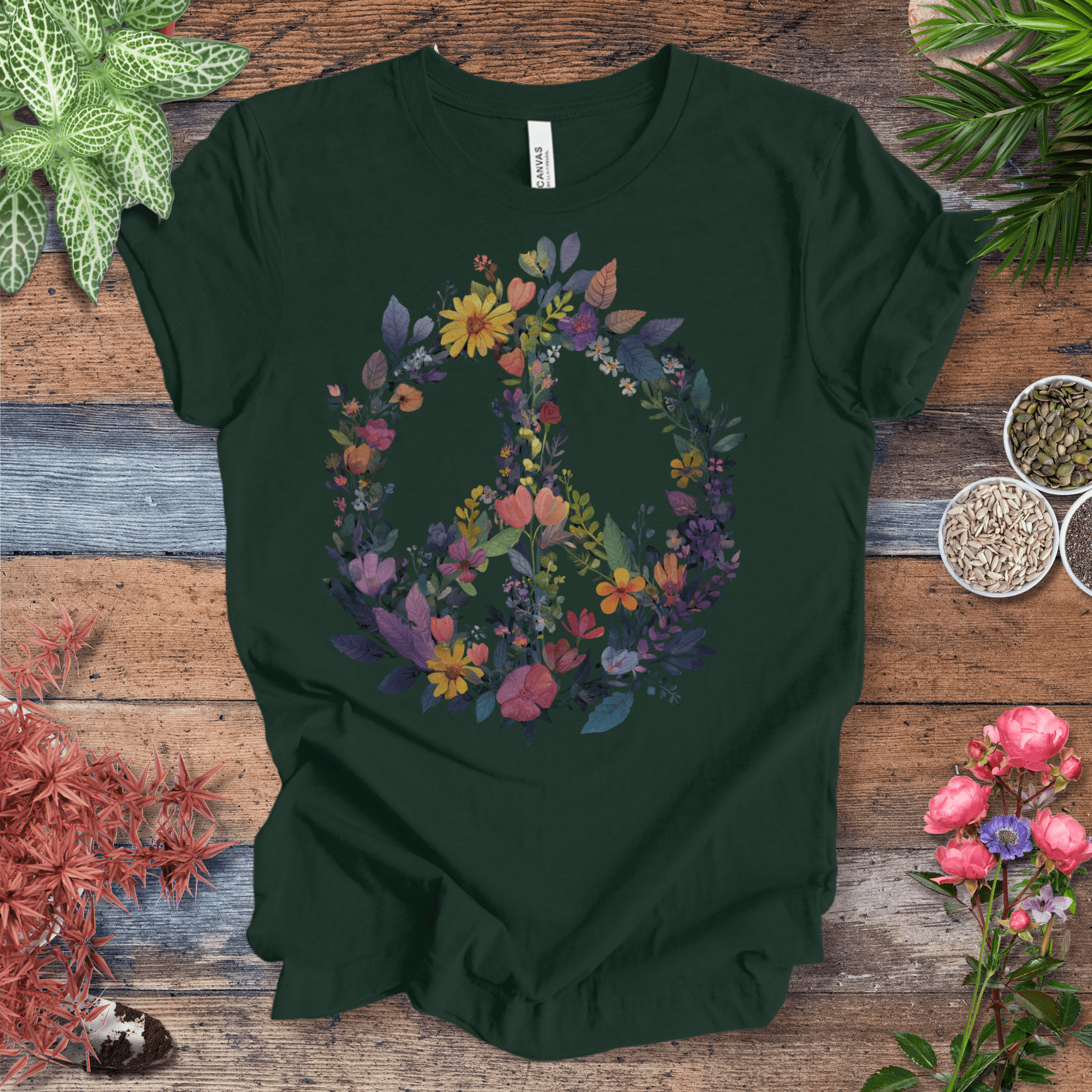 Printify T-Shirt Forest / S Rainbow Peace Sign Floral T-Shirt – Pastel Garden Wreath Tee | Eco-Friendly Plant Lover Gift | Sustainable Unisex Tee