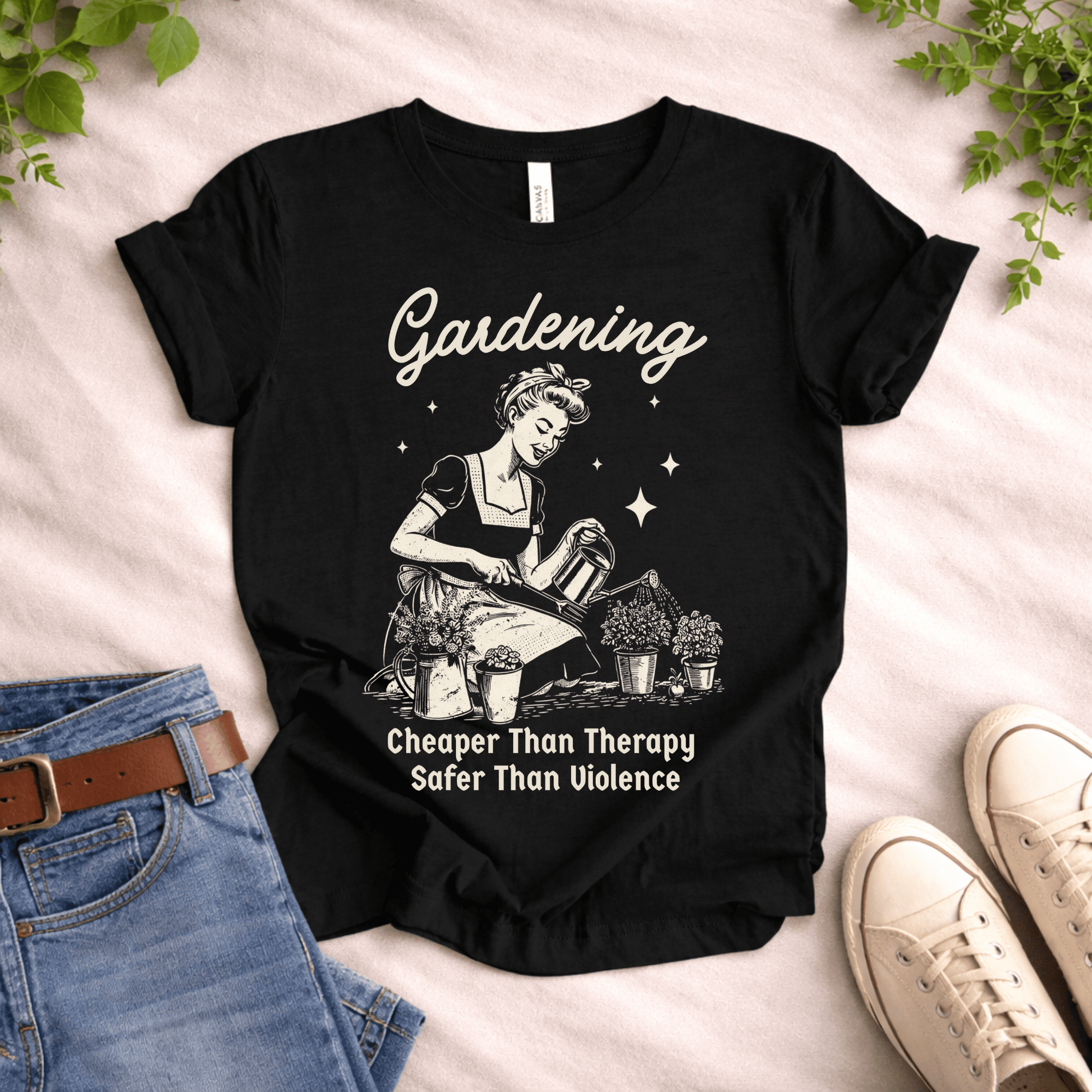Printify T-Shirt Gardening T-Shirt – “Cheaper Than Therapy, Safer Than Violence” Funny Gardener Tee