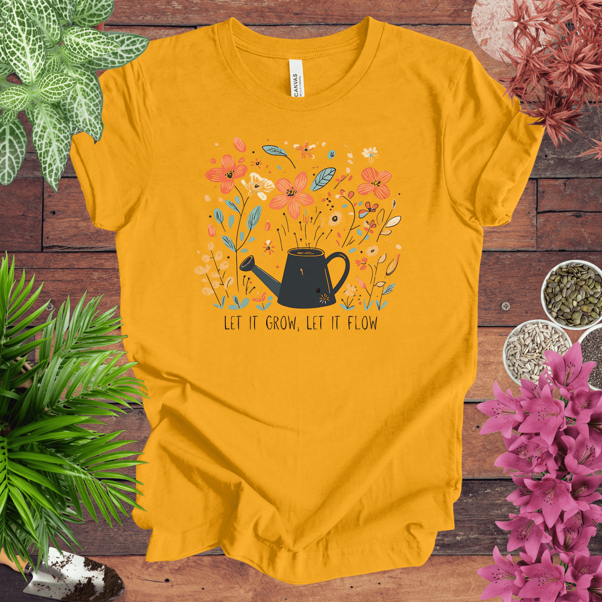 Printify T-Shirt Gold / S Whimsical Watering Can and Flowers T-Shirt