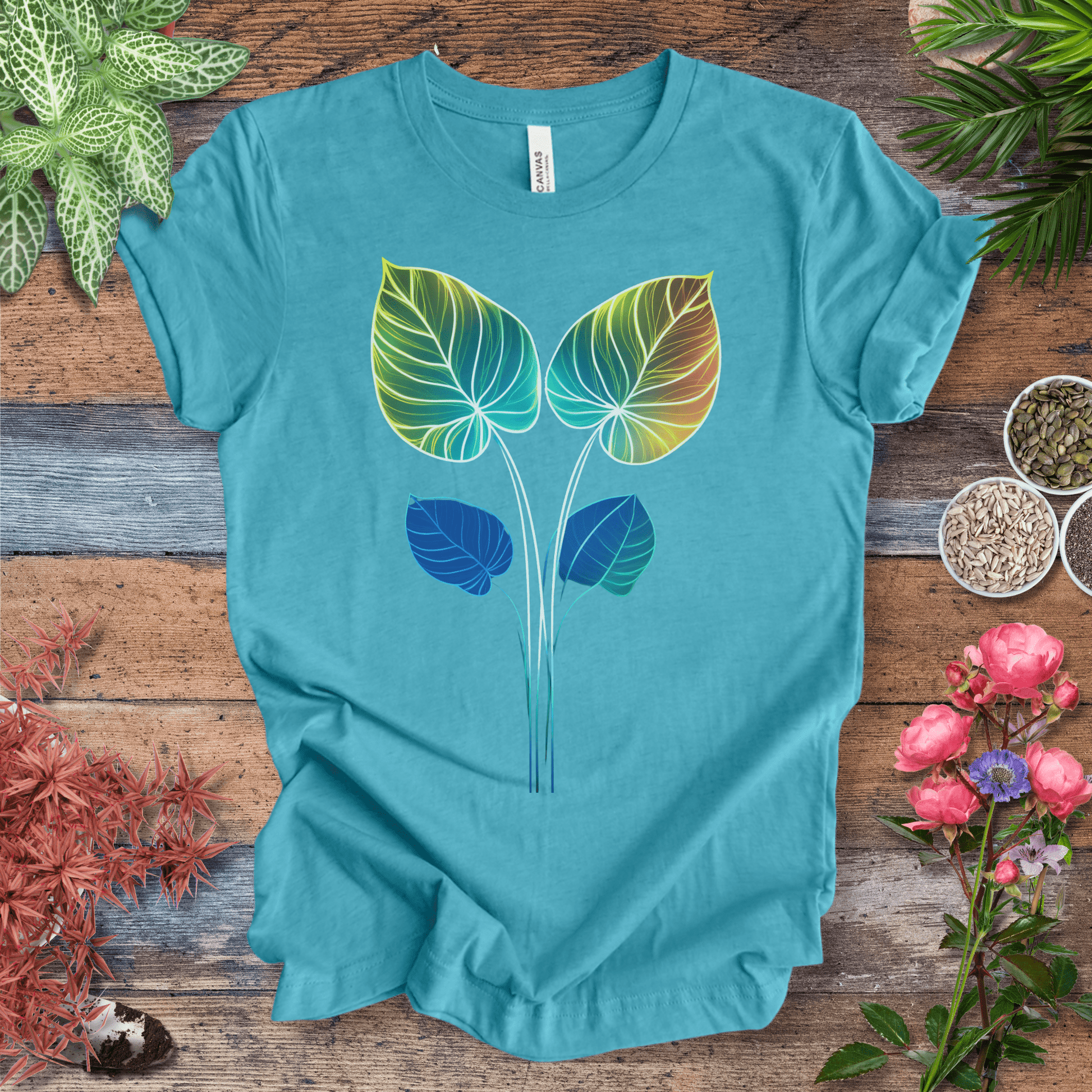 Printify T-Shirt Heather Aqua / S Glowing Futuristic Leaves Botanical Nature Lover T-Shirt