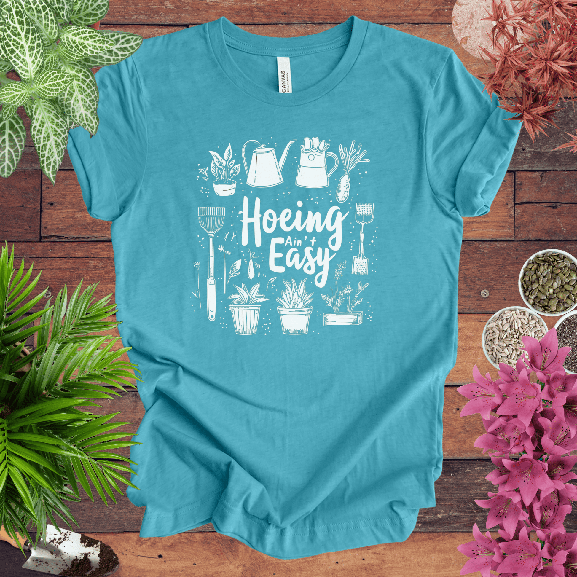 Printify T-Shirt Heather Aqua / S Hoeing Ain’t Easy Gardening Tools T-Shirt