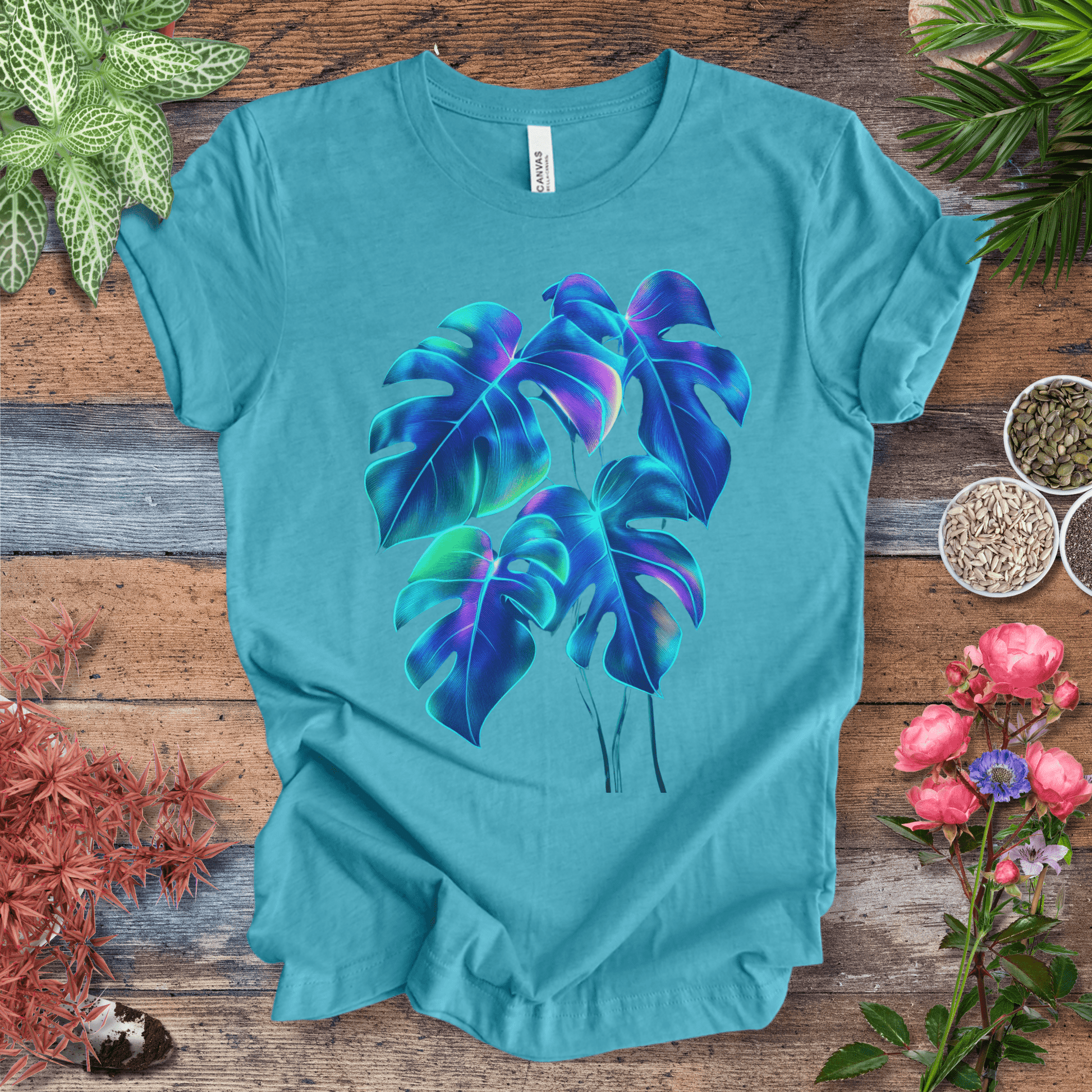 Printify T-Shirt Heather Aqua / S Neon Rainbow Monstera Jungle Aesthetic Plant Lover T-Shirt
