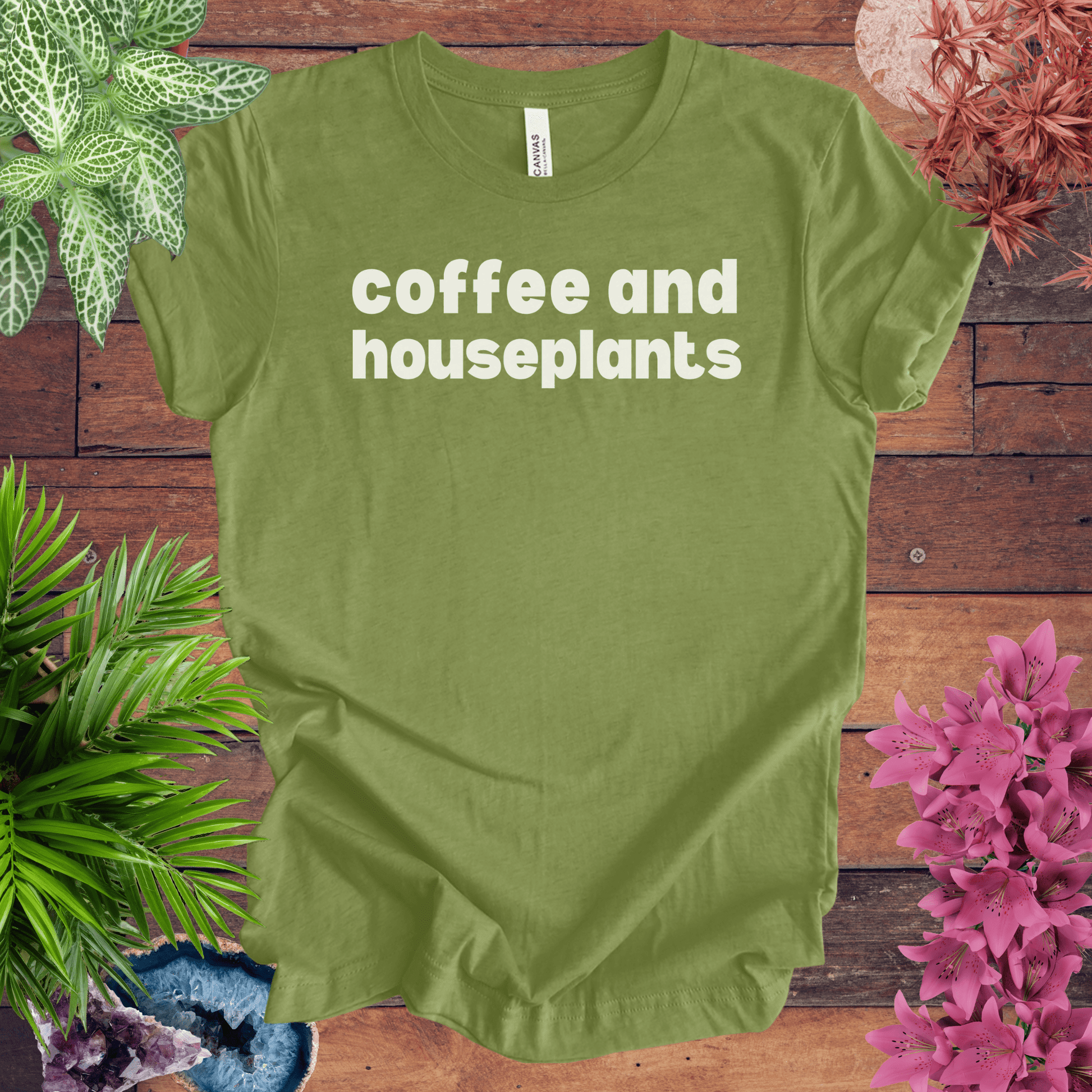 Printify T-Shirt Heather Green / S Coffee and Houseplants T-Shirt