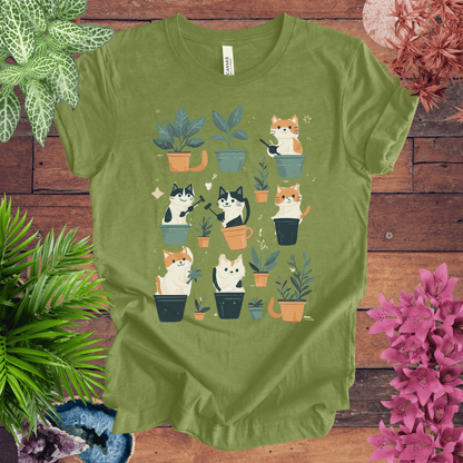 Printify T-Shirt Heather Green / S Curious Cats and Houseplants T-Shirt