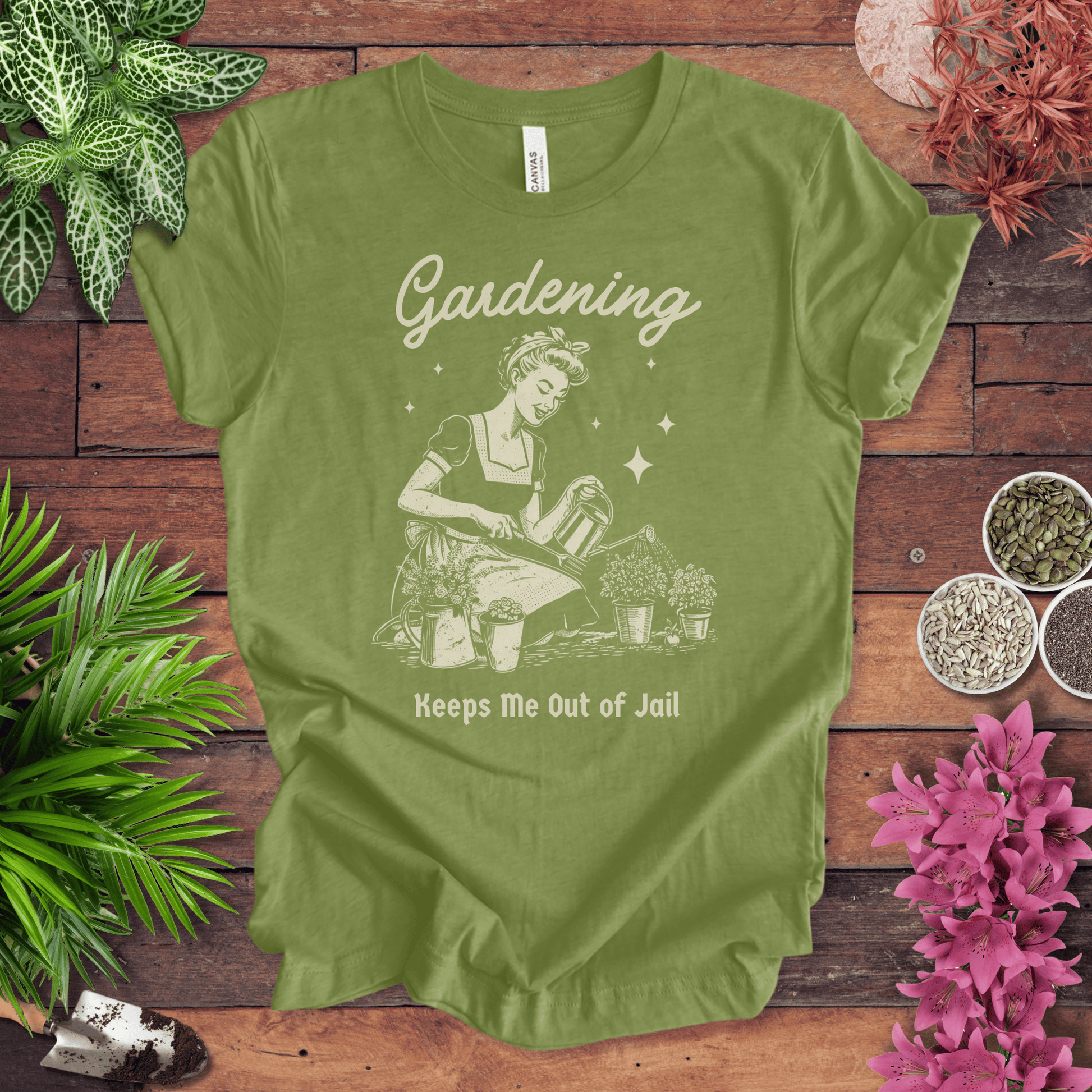 Printify T-Shirt Heather Green / S Gardening T-Shirt – “Keeps Me Out Of Jail” Funny Gardener Tee