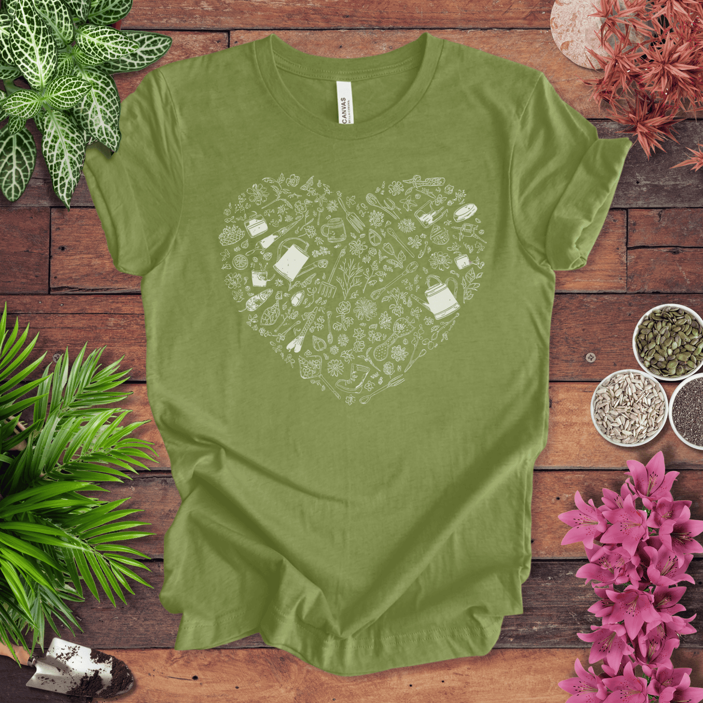 Printify T-Shirt Heather Green / S Gardening Tools T-Shirt – Botanical Garden Tools Heart Graphic Tee