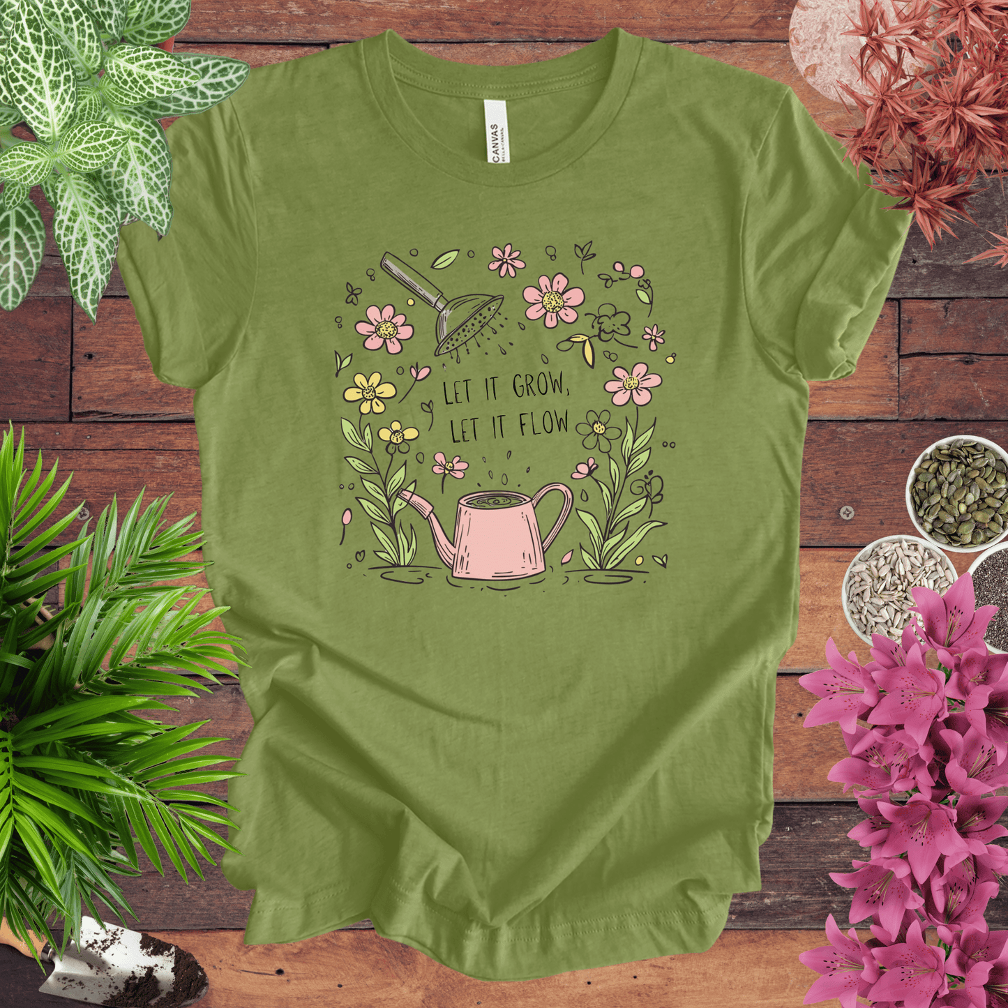 Printify T-Shirt Heather Green / S Pink Watering Can Floral T-Shirt