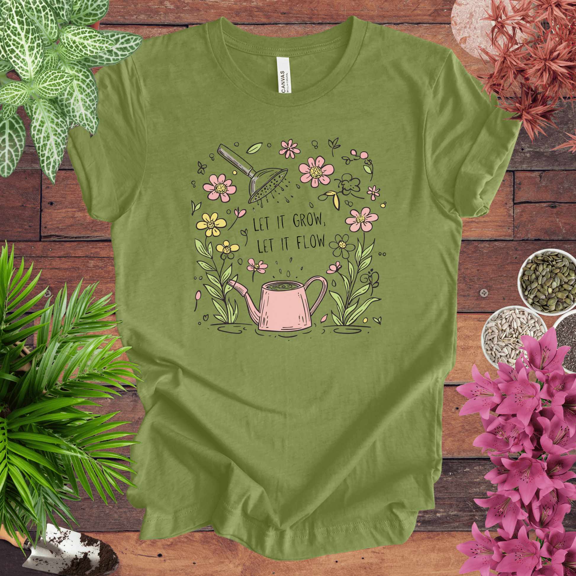 Printify T-Shirt Heather Green / S Pink Watering Can Floral T-Shirt