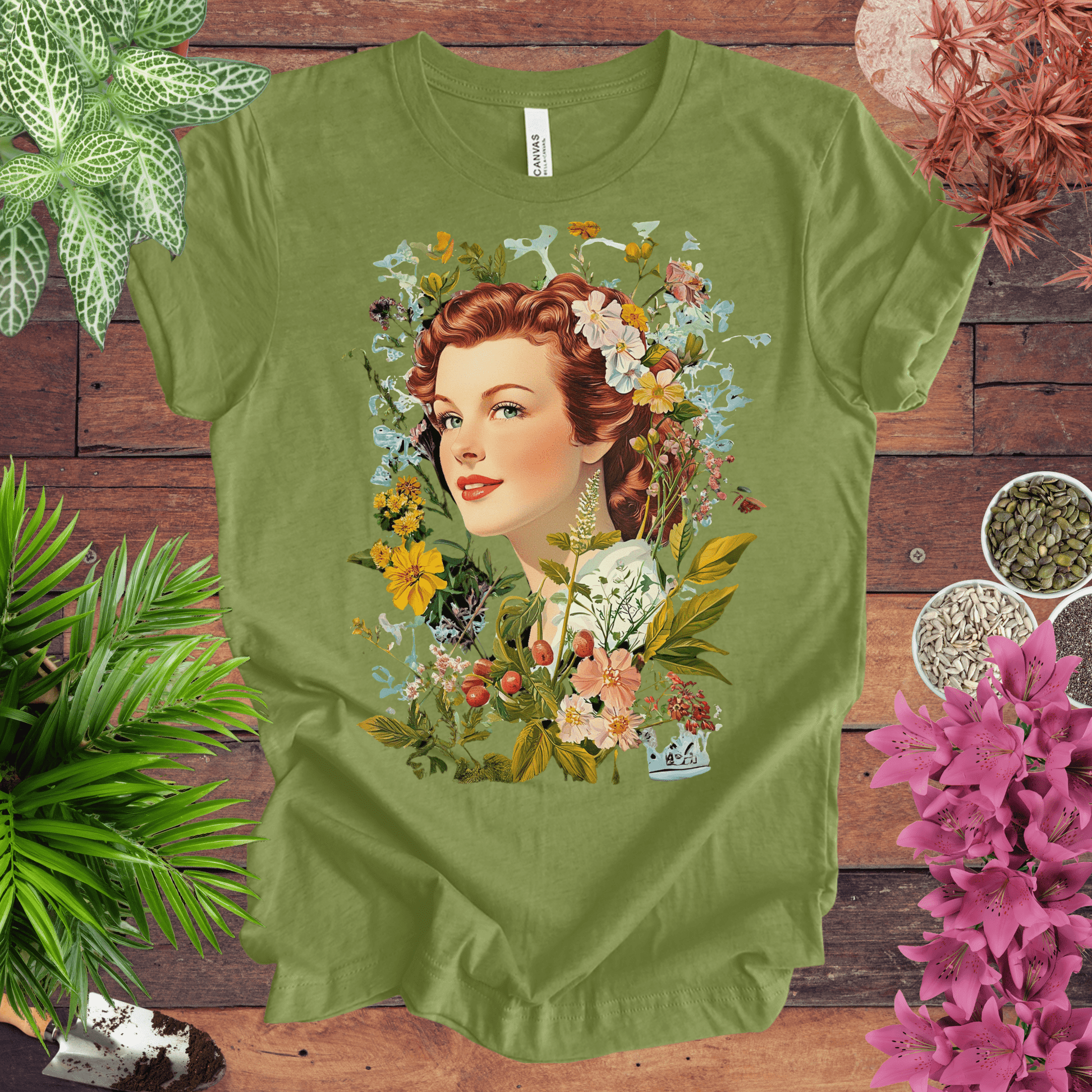 Printify T-Shirt Heather Green / S Vintage Floral Portrait T-Shirt