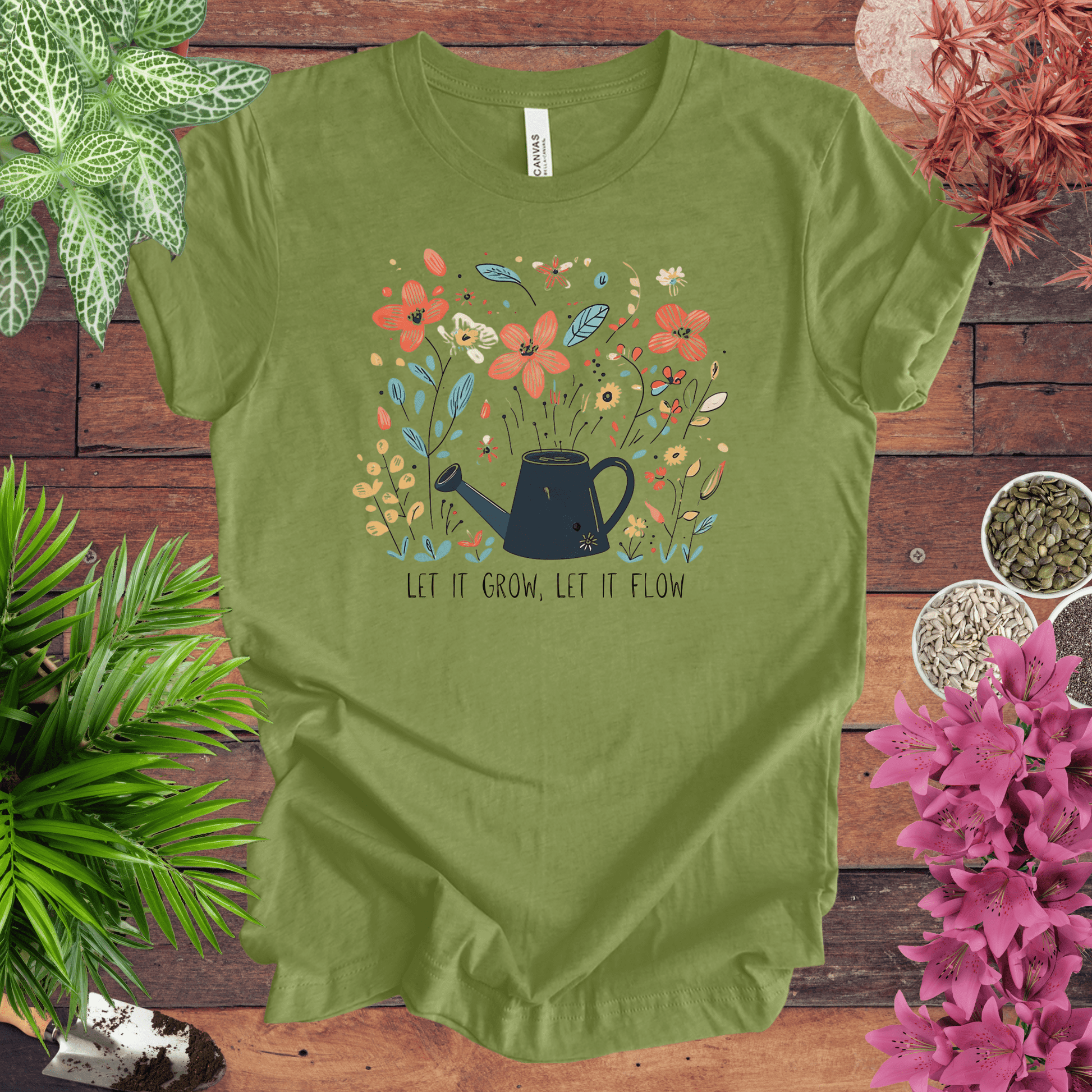 Printify T-Shirt Heather Green / S Whimsical Watering Can and Flowers T-Shirt