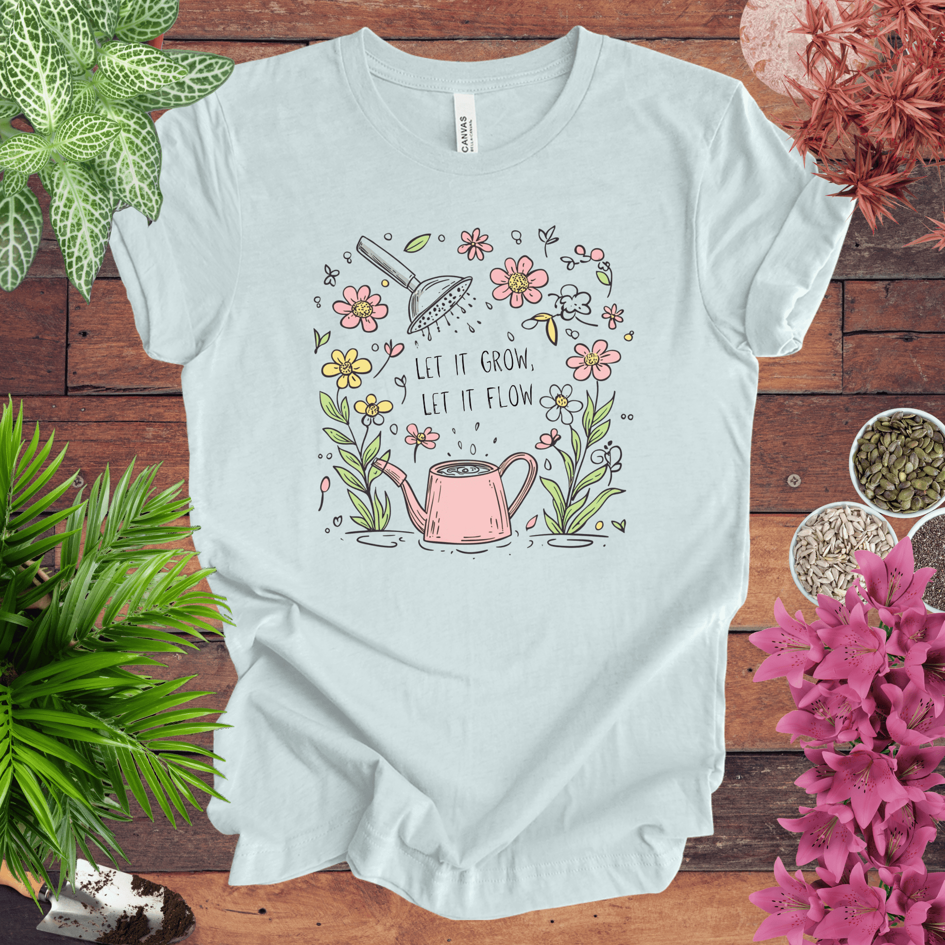 Printify T-Shirt Heather Ice Blue / S Pink Watering Can Floral T-Shirt