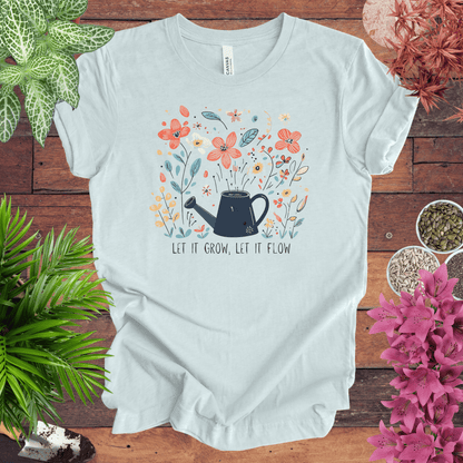 Printify T-Shirt Heather Ice Blue / S Whimsical Watering Can and Flowers T-Shirt