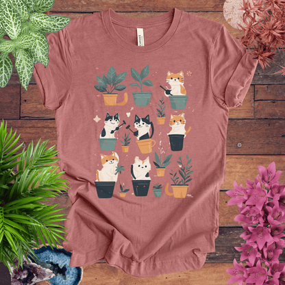 Printify T-Shirt Heather Mauve / S Curious Cats and Houseplants T-Shirt