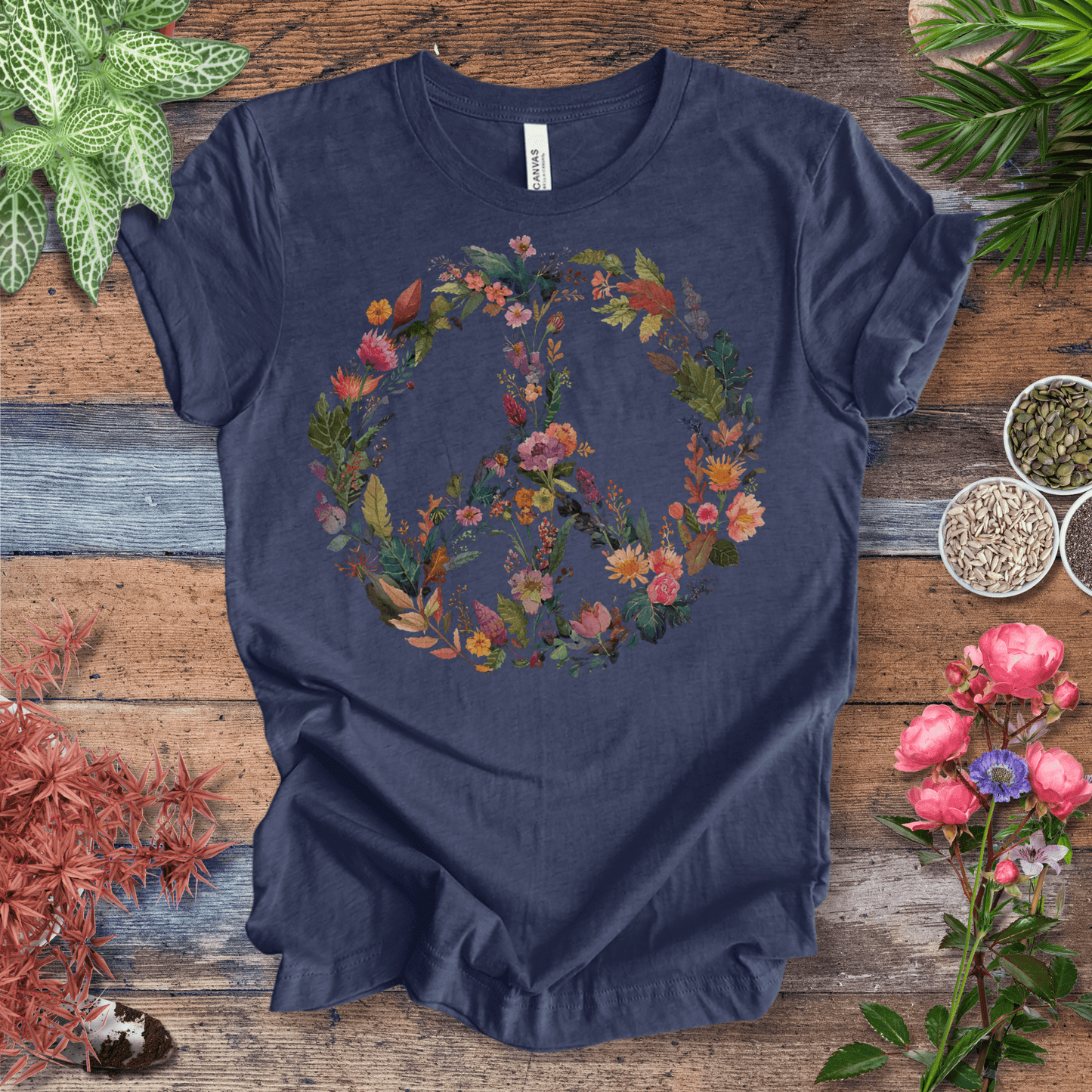 Printify T-Shirt Heather Navy / S Autumn Floral Peace Wreath Tee – Fall Color Botanical T-Shirt | Sustainable Garden Lover Shirt | Plant Parent Gift