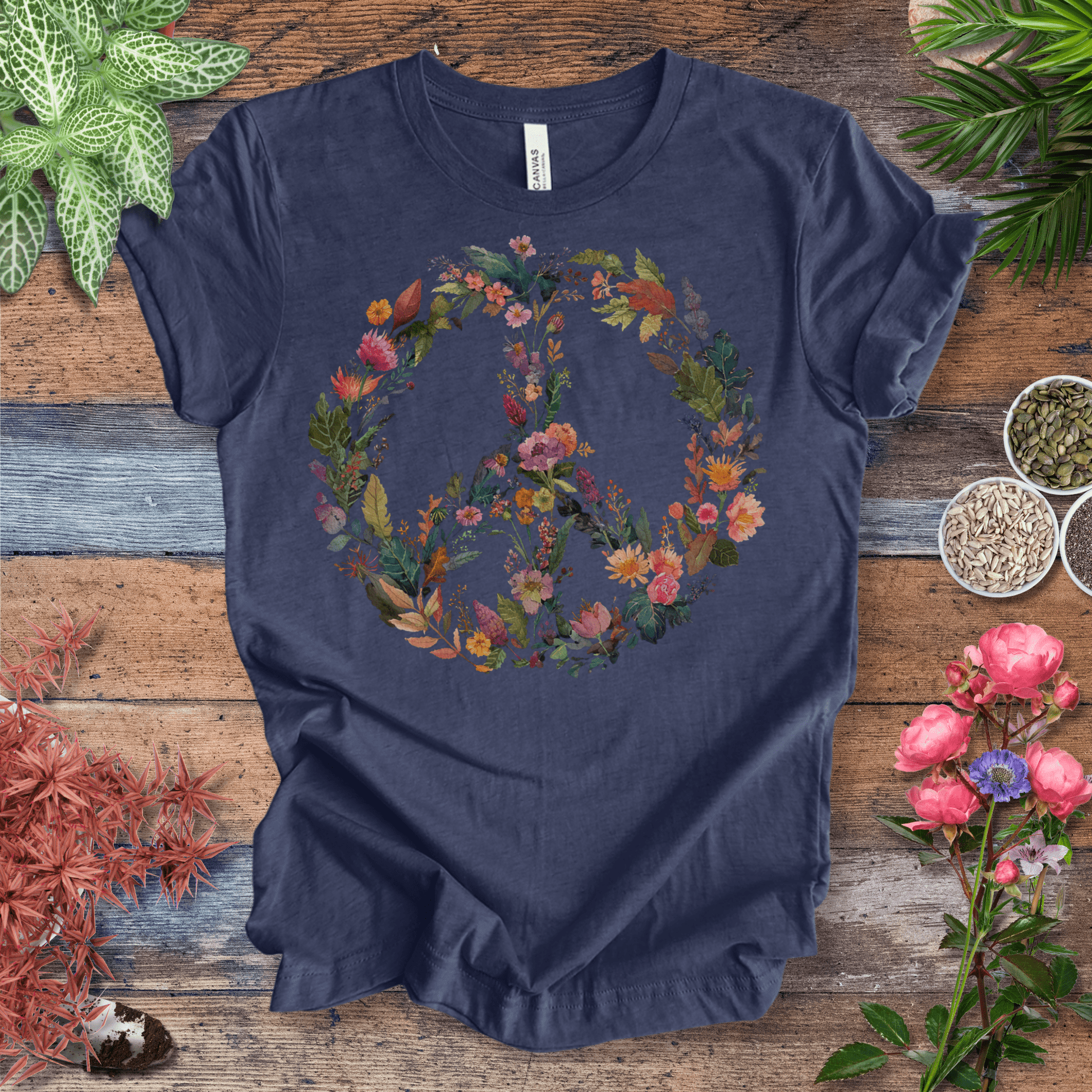 Printify T-Shirt Heather Navy / S Autumn Floral Peace Wreath Tee – Fall Color Botanical T-Shirt | Sustainable Garden Lover Shirt | Plant Parent Gift