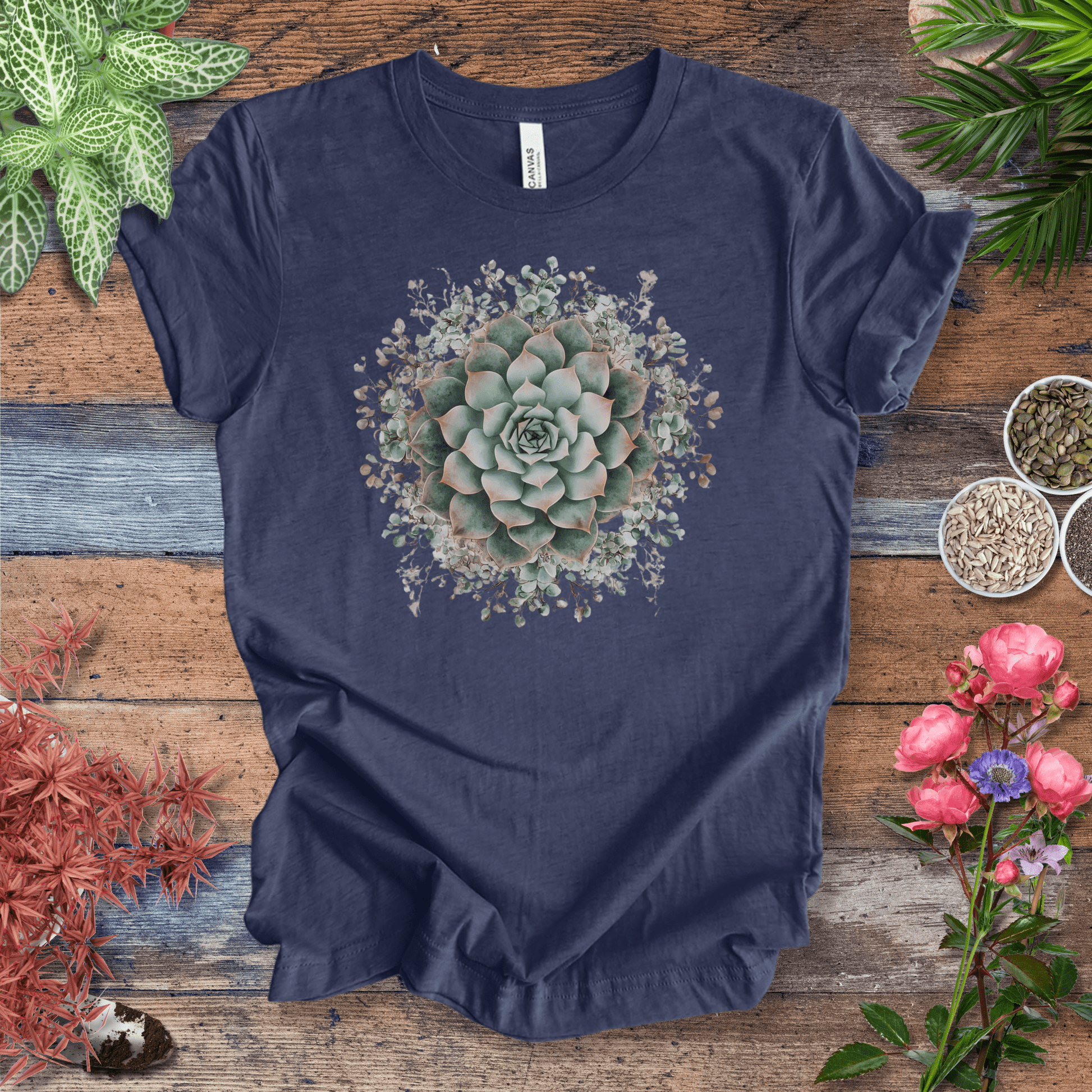 Printify T-Shirt Heather Navy / S Elegant Succulent Bloom T-Shirt