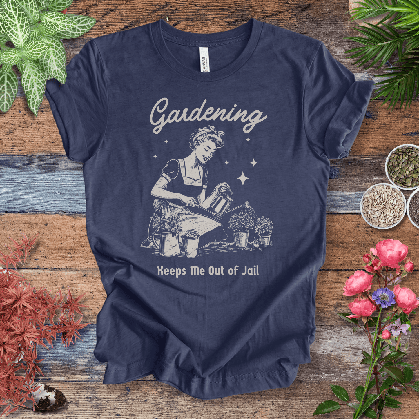 Printify T-Shirt Heather Navy / S Gardening T-Shirt – “Keeps Me Out Of Jail” Funny Gardener Tee