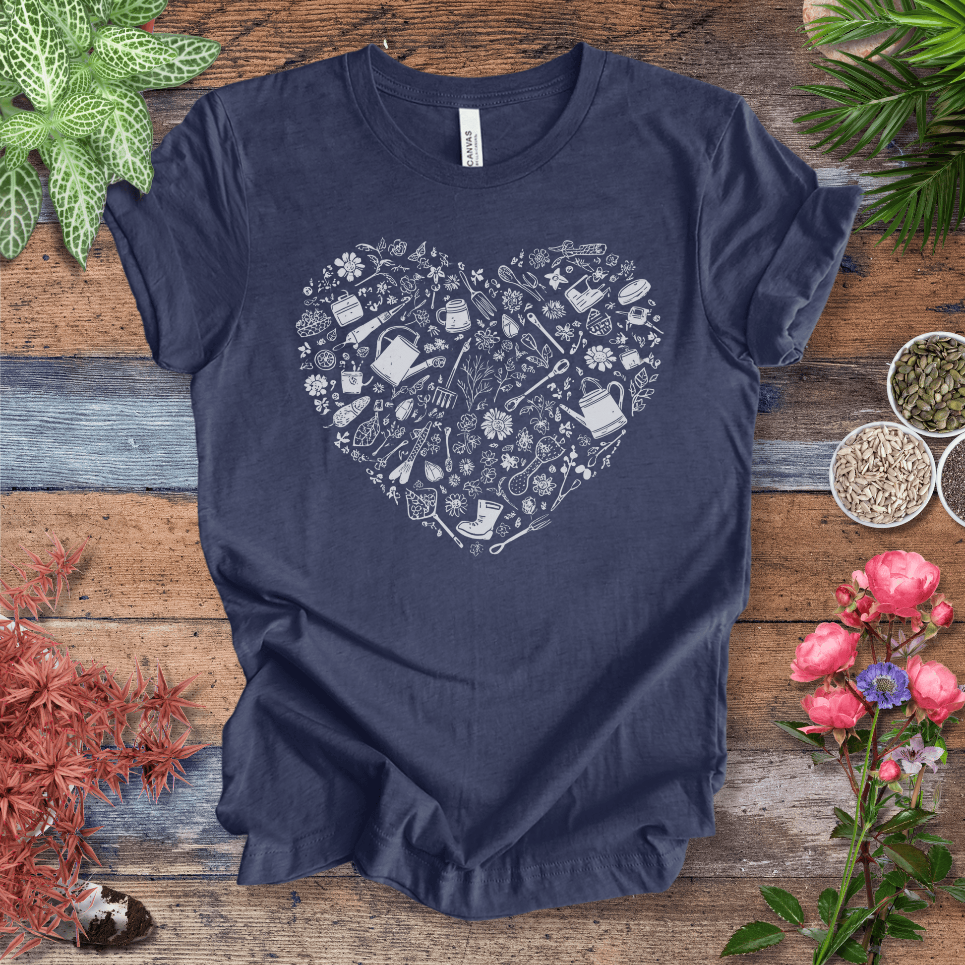 Printify T-Shirt Heather Navy / S Gardening Tools T-Shirt – Botanical Garden Tools Heart Graphic Tee