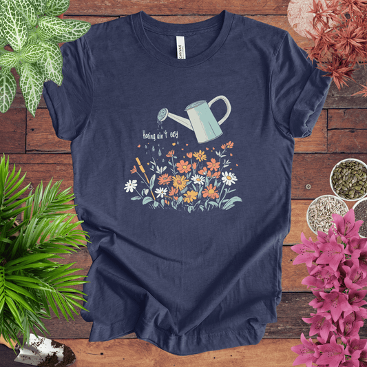 Printify T-Shirt Heather Navy / S Hoeing Ain’t Easy Floral Watering Can T-Shirt