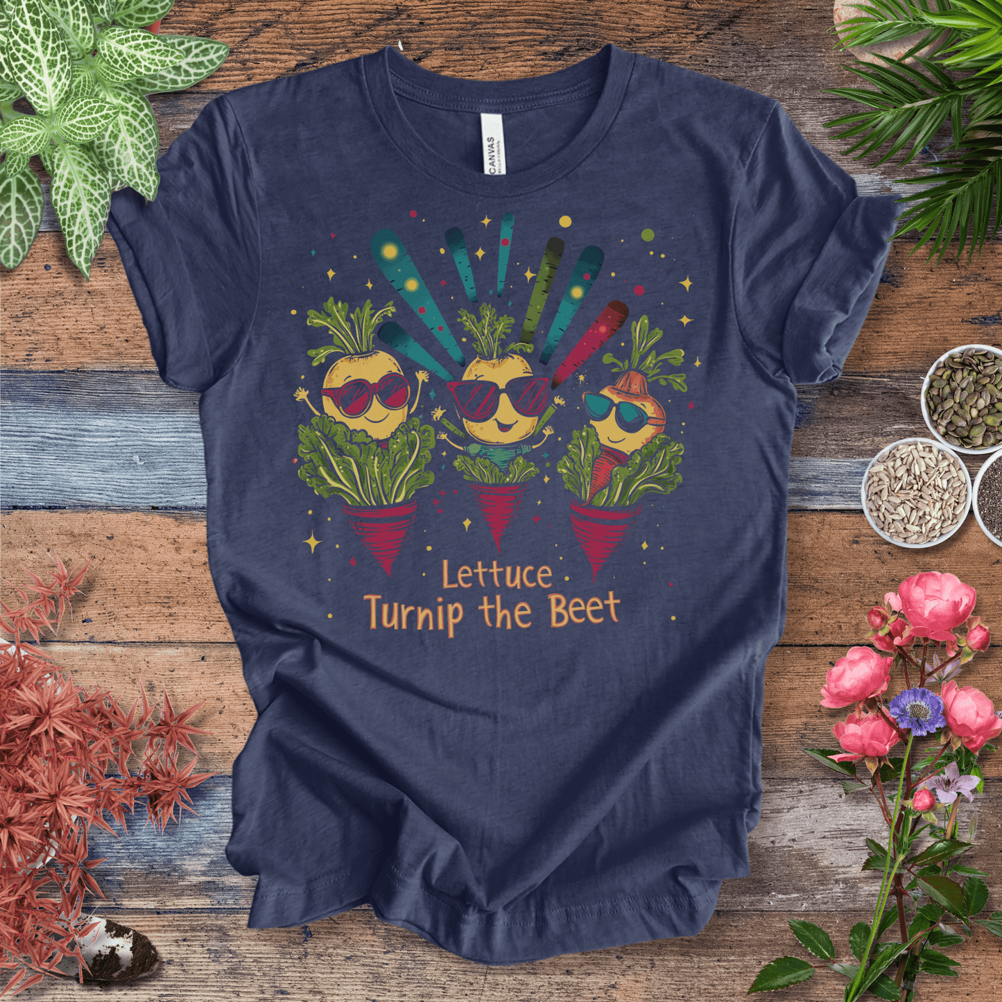 Printify T-Shirt Heather Navy / S Lettuce Turnip the Beet – Party Veggies T-Shirt