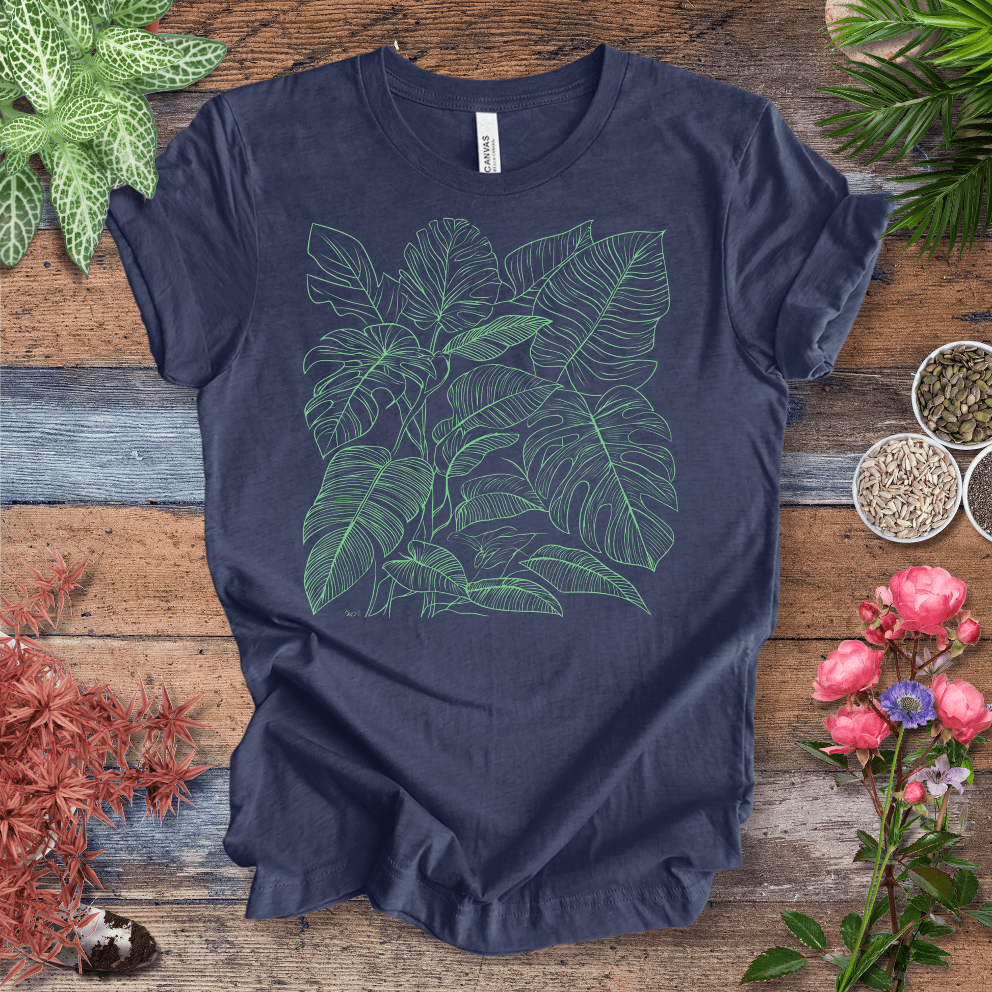 Printify T-Shirt Heather Navy / S Monstera Jungle Line-Art T-Shirt – Neon Green Tropical Leaves Graphic Tee | Botanical Streetwear, Houseplant Lover Gift