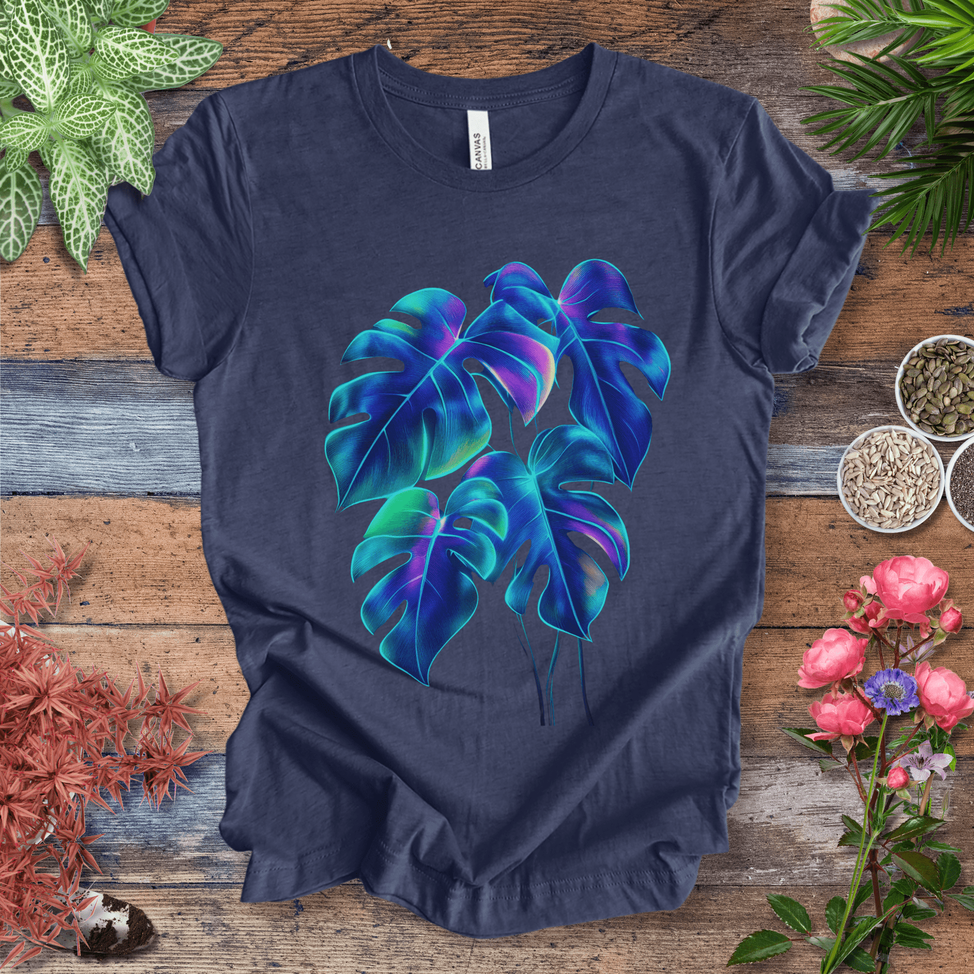 Printify T-Shirt Heather Navy / S Neon Rainbow Monstera Jungle Aesthetic Plant Lover T-Shirt
