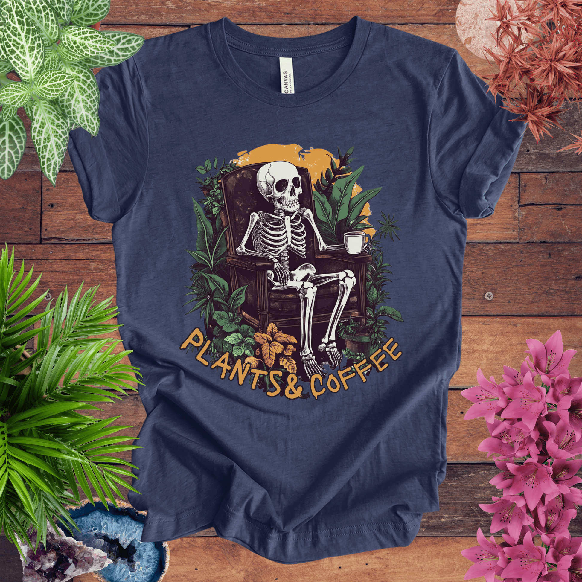 Printify T-Shirt Heather Navy / S Plants & Coffee Skeleton T-Shirt