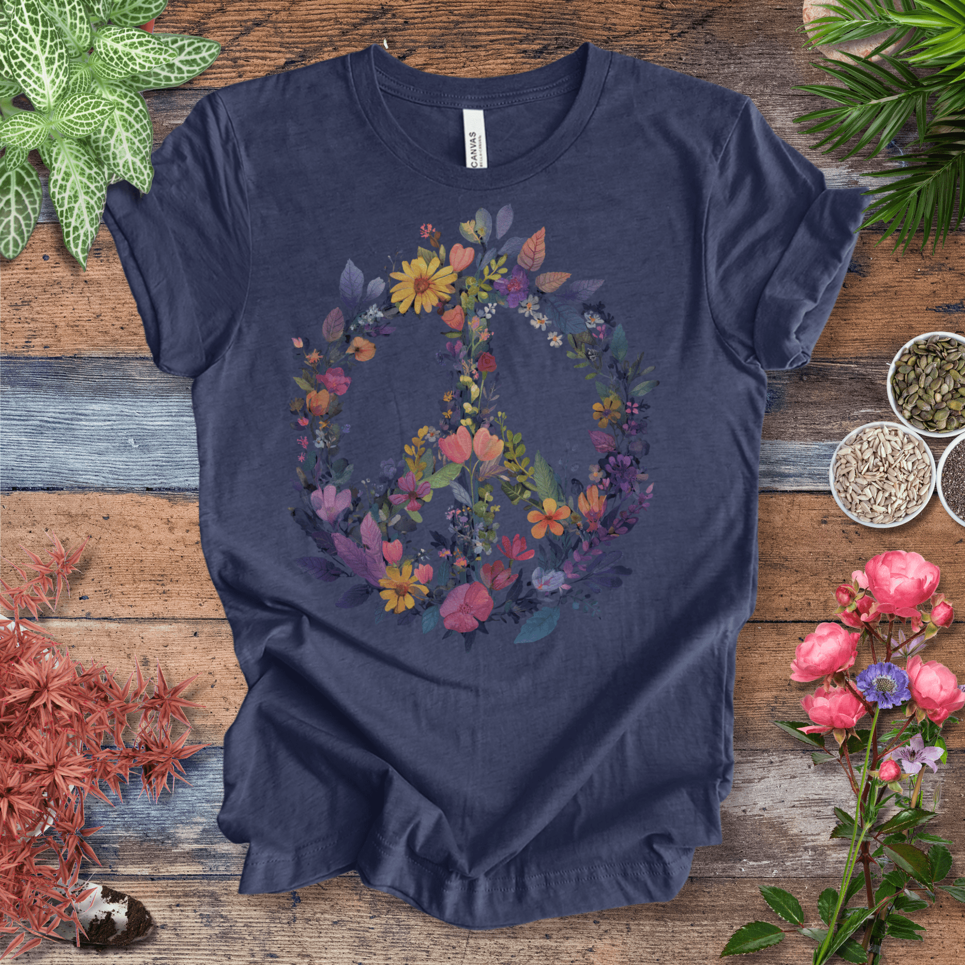 Printify T-Shirt Heather Navy / S Rainbow Peace Sign Floral T-Shirt – Pastel Garden Wreath Tee | Eco-Friendly Plant Lover Gift | Sustainable Unisex Tee