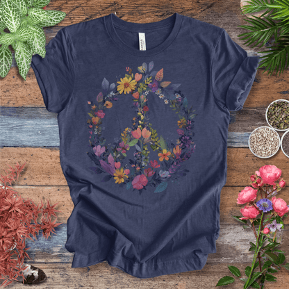 Printify T-Shirt Heather Navy / S Rainbow Peace Sign Floral T-Shirt – Pastel Garden Wreath Tee | Eco-Friendly Plant Lover Gift | Sustainable Unisex Tee