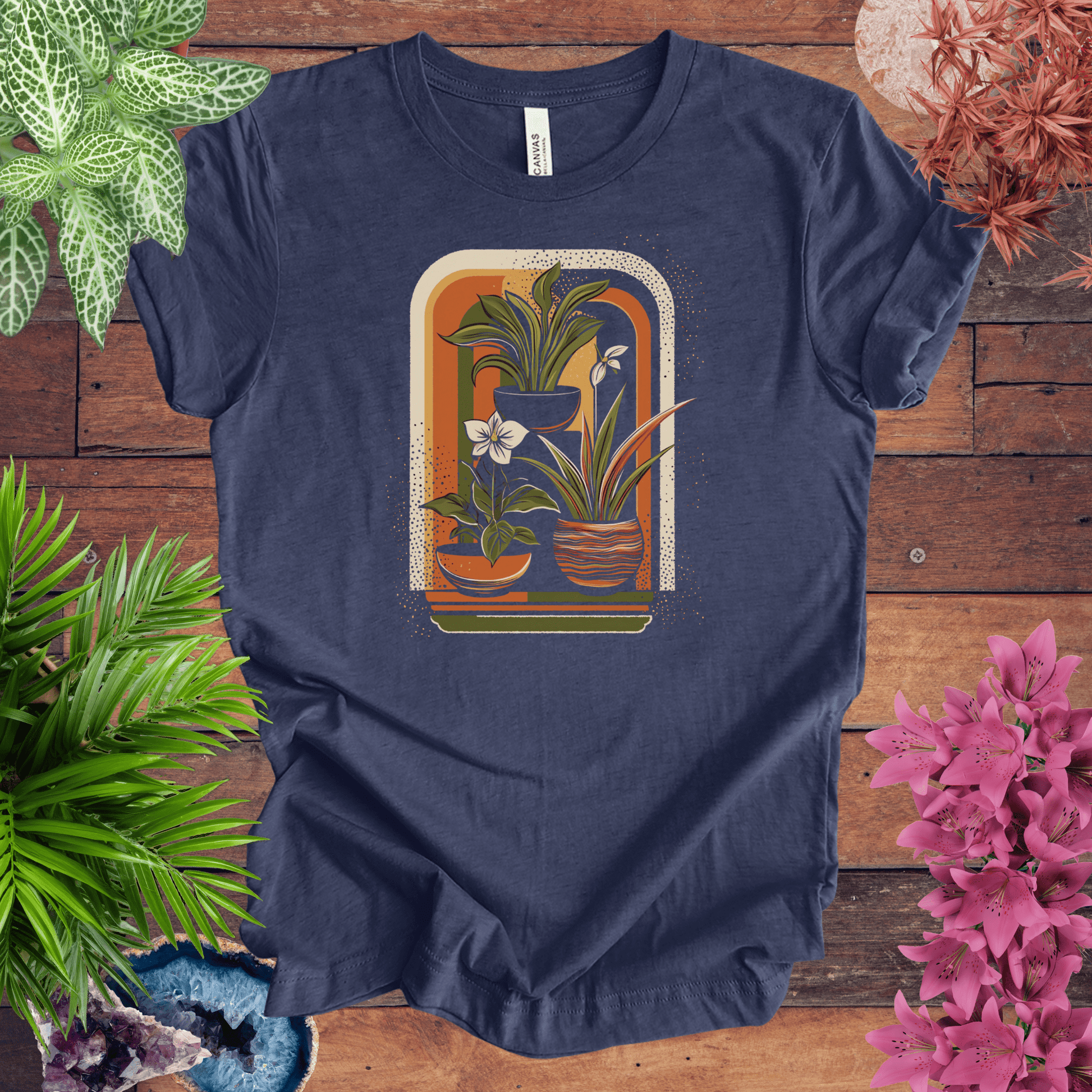 Printify T-Shirt Heather Navy / S Retro Houseplants Waves T-Shirt