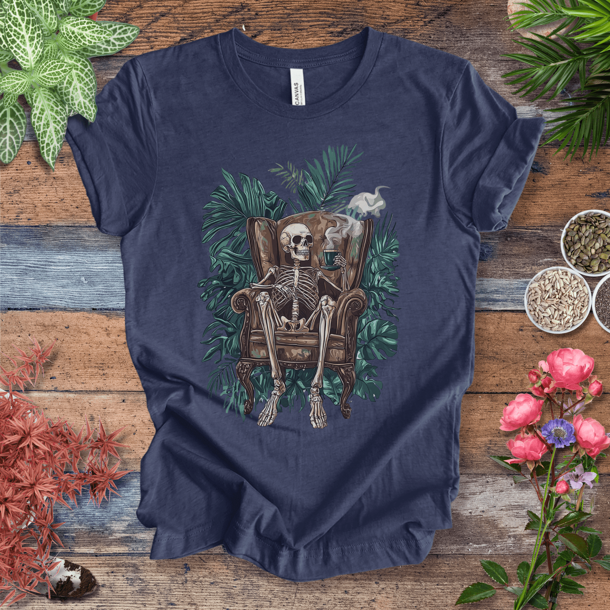 Printify T-Shirt Heather Navy / S Skeleton Sip Jungle Vibes T-Shirt