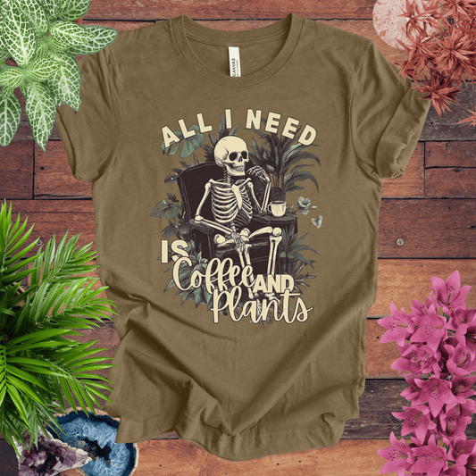 Printify T-Shirt Heather Olive / S All I Need Is Coffee and Plants T-Shirt