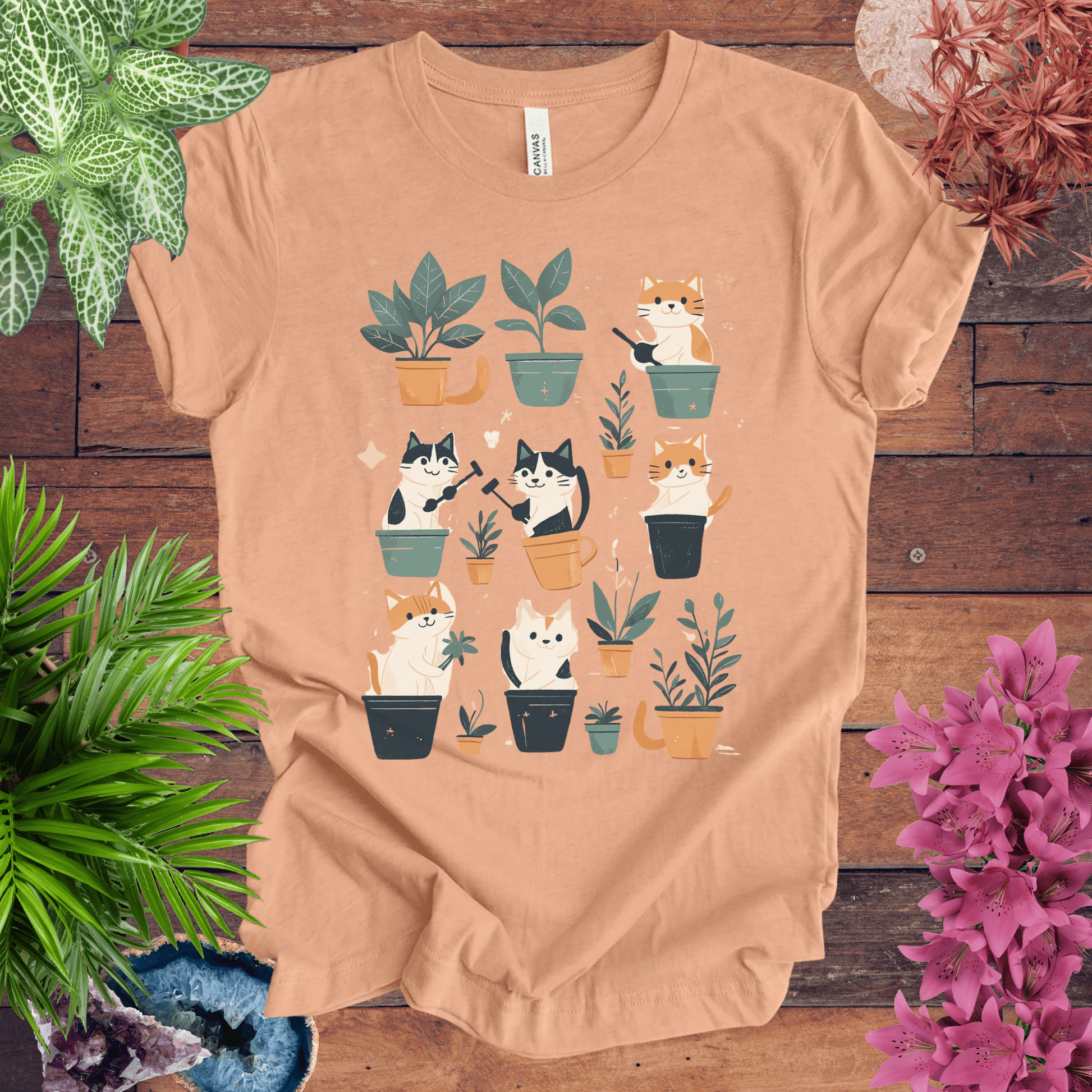 Printify T-Shirt Heather Peach / S Curious Cats and Houseplants T-Shirt