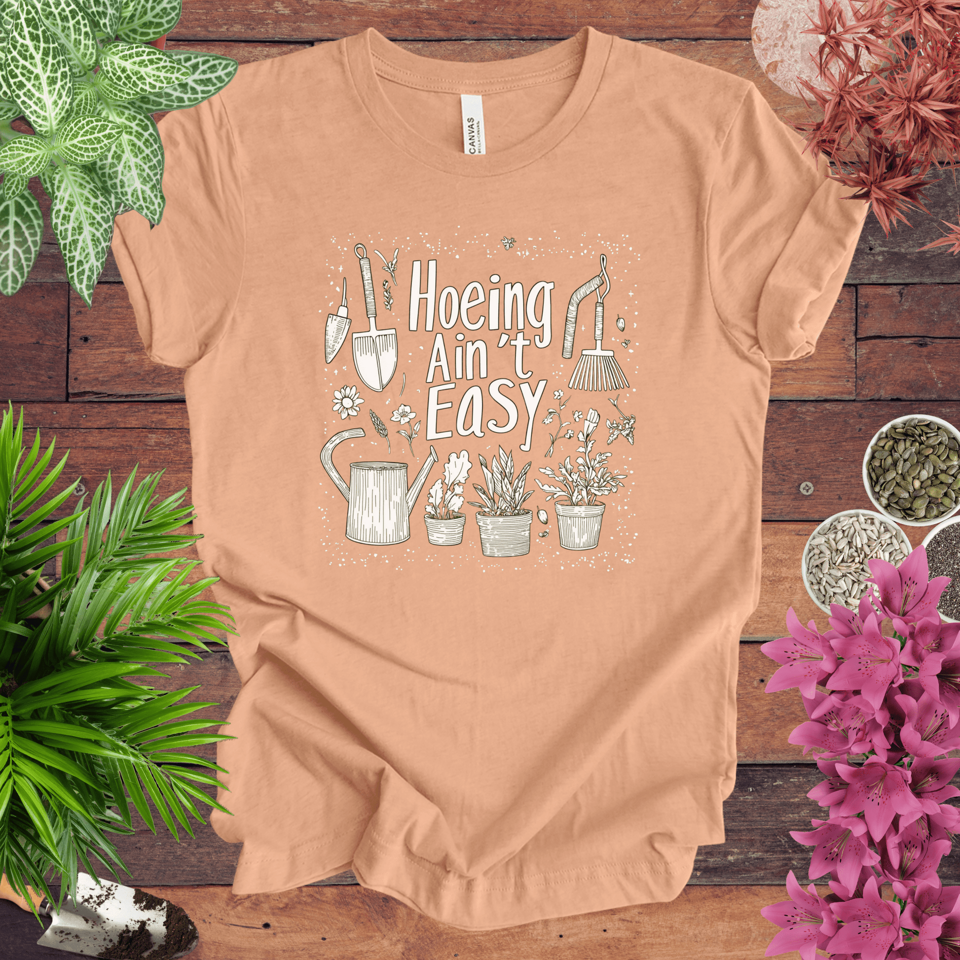 Printify T-Shirt Heather Peach / S Hoeing Ain’t Easy Funny Gardening T-Shirt