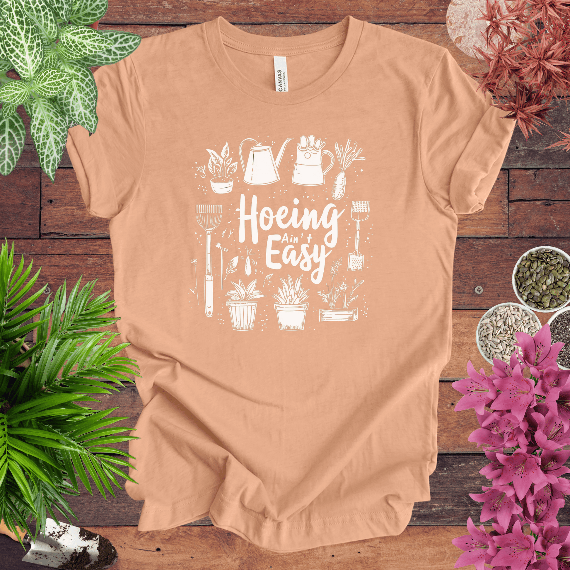 Printify T-Shirt Heather Peach / S Hoeing Ain’t Easy Gardening Tools T-Shirt