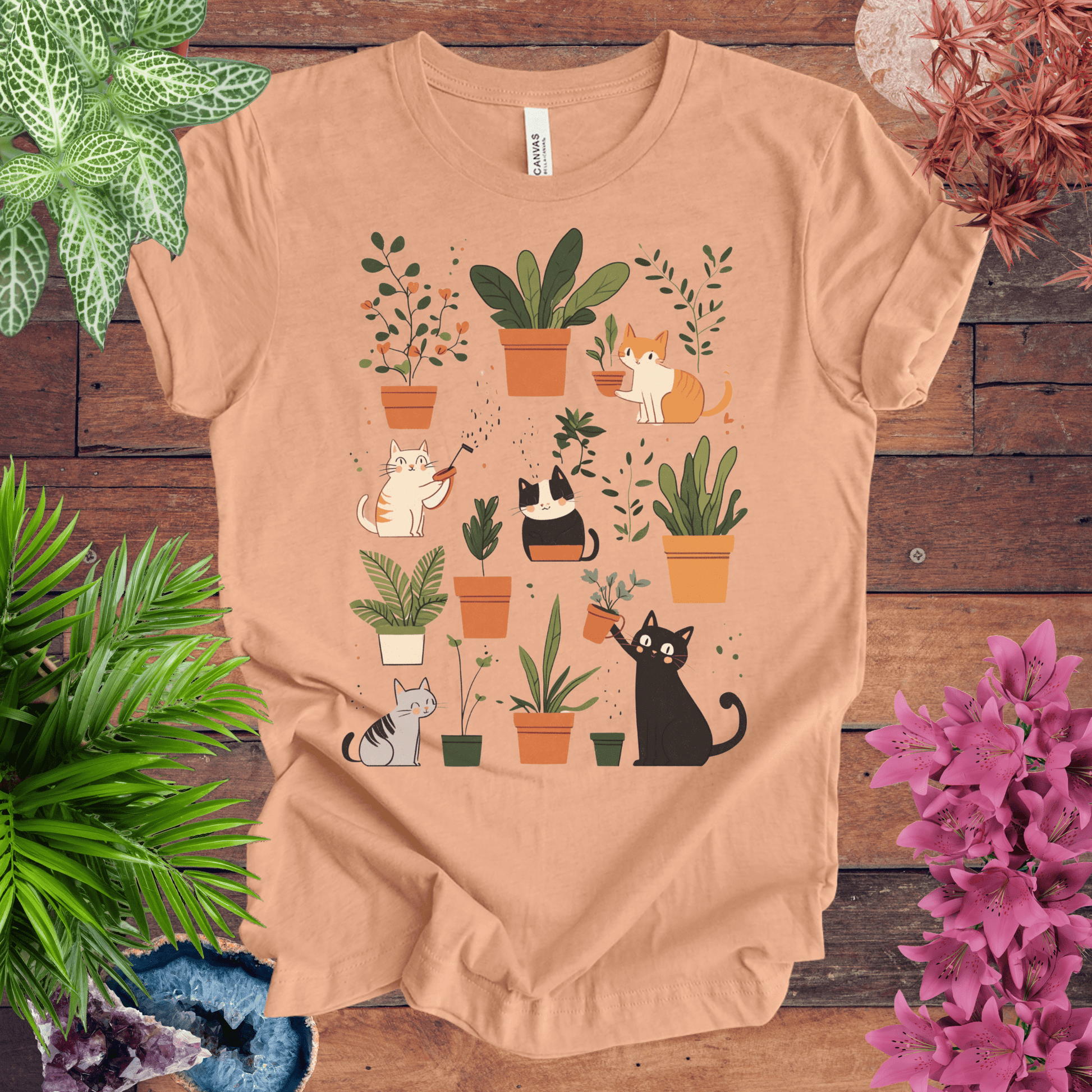 Printify T-Shirt Heather Peach / S Kittens Tending Their Garden T-Shirt