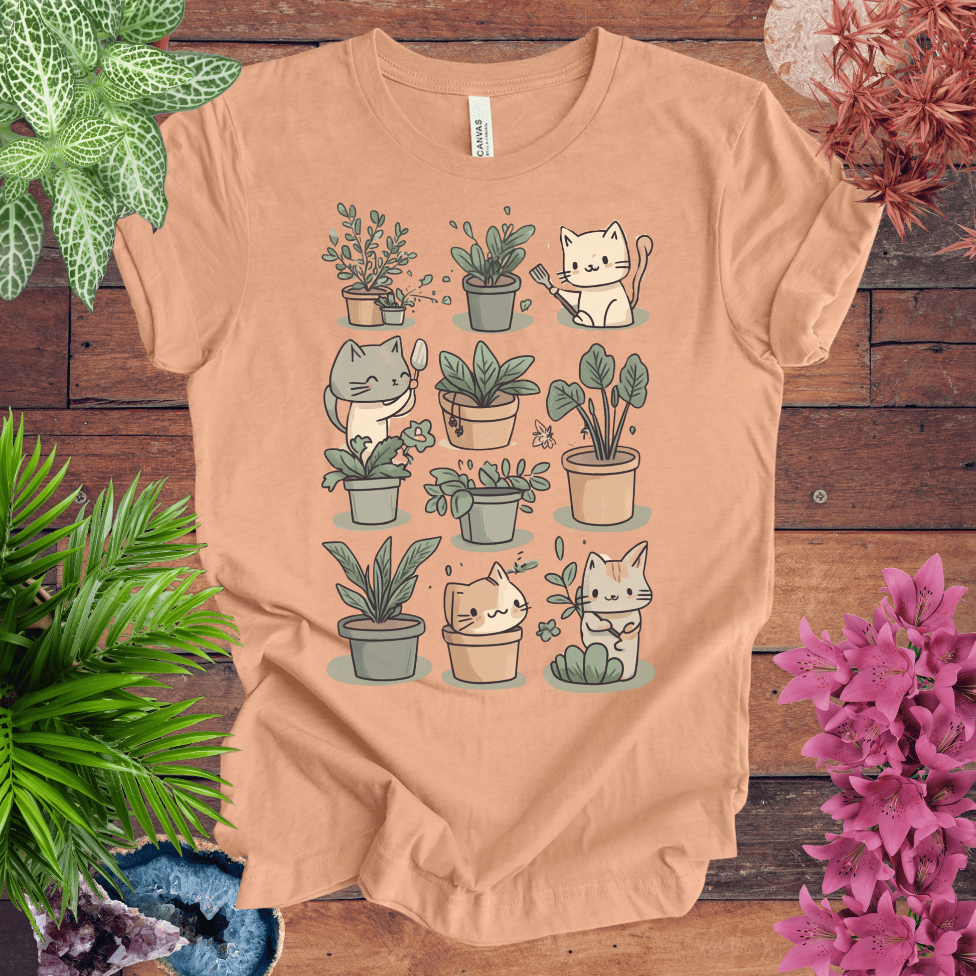 Printify T-Shirt Heather Peach / S Mischievous Kitties Garden Helpers T-Shirt