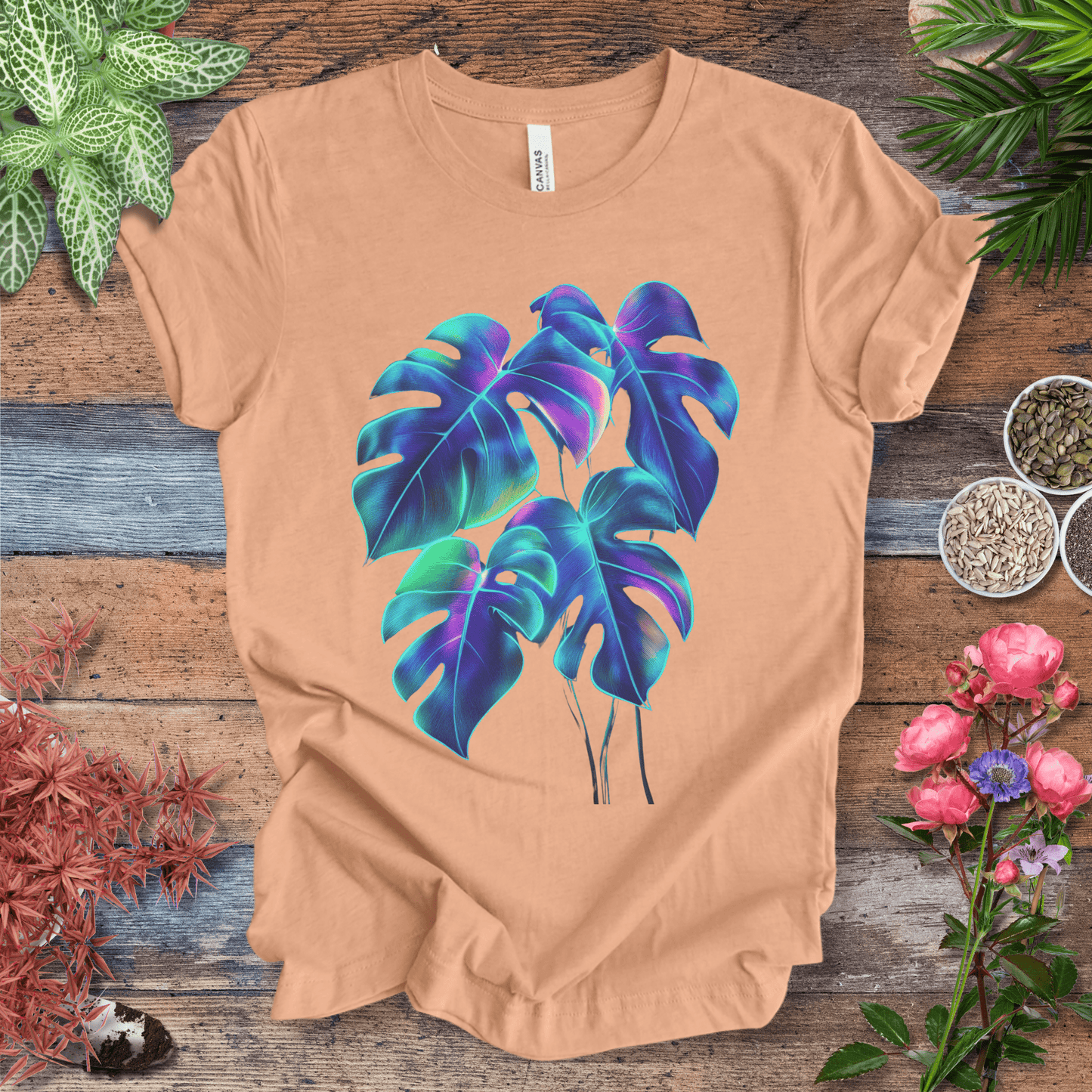 Printify T-Shirt Heather Peach / S Neon Rainbow Monstera Jungle Aesthetic Plant Lover T-Shirt