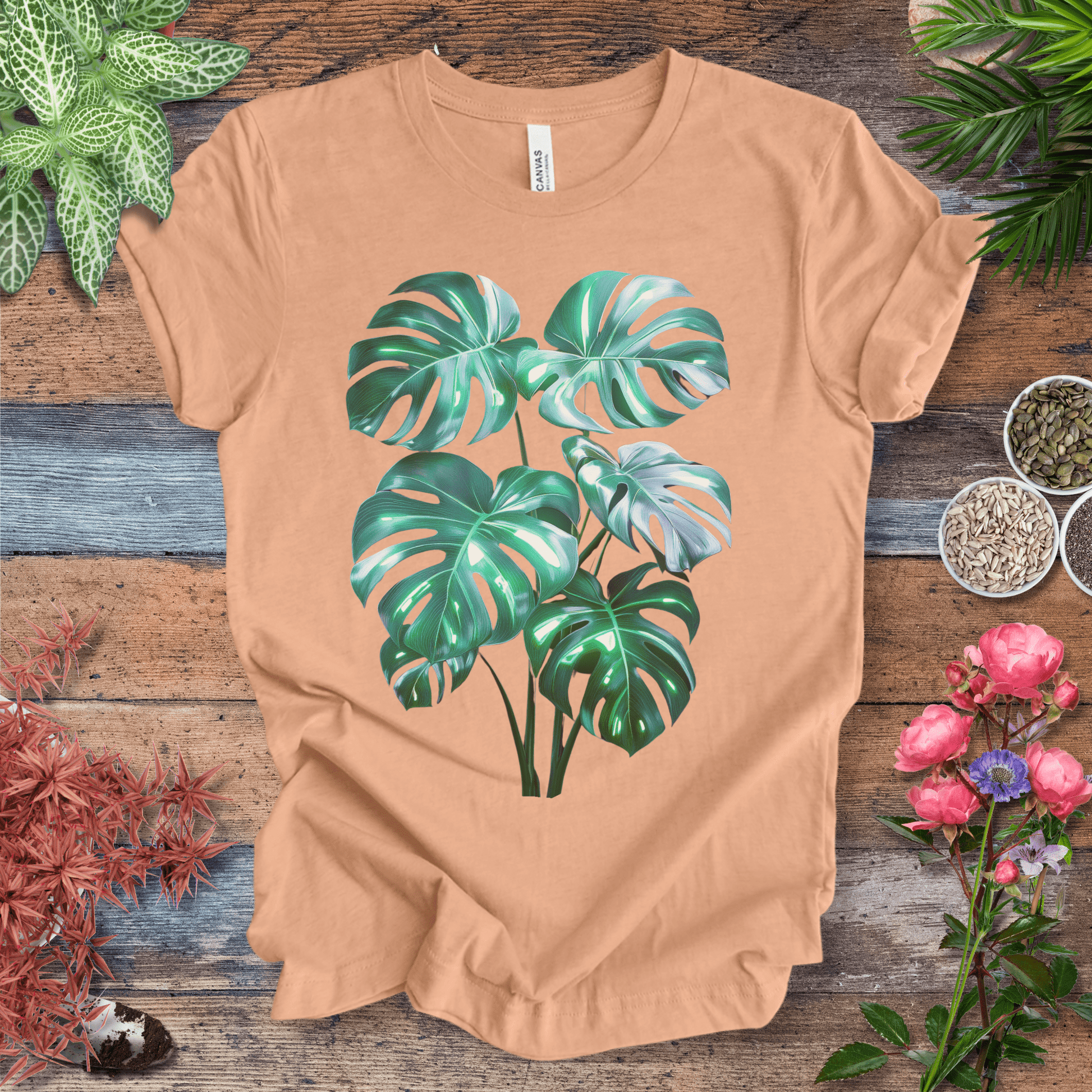 Printify T-Shirt Heather Peach / S Shiny Monstera Leaf Jungle Aesthetic Plant Lover T-Shirt