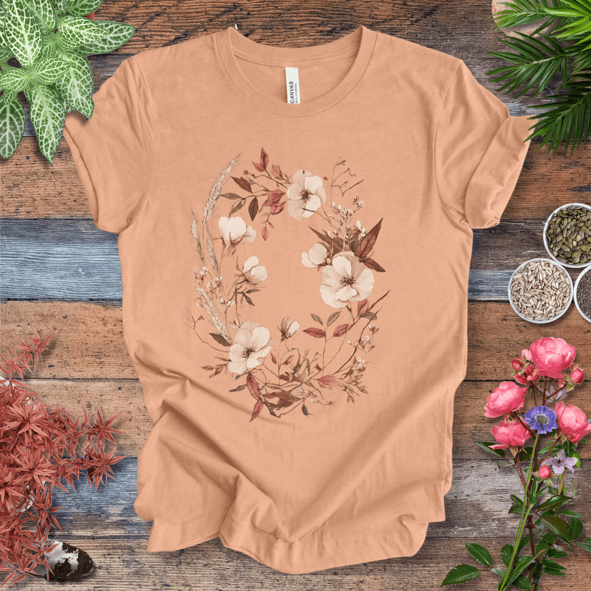 Printify T-Shirt Heather Peach / S Vintage Floral Wreath Botanical T-Shirt