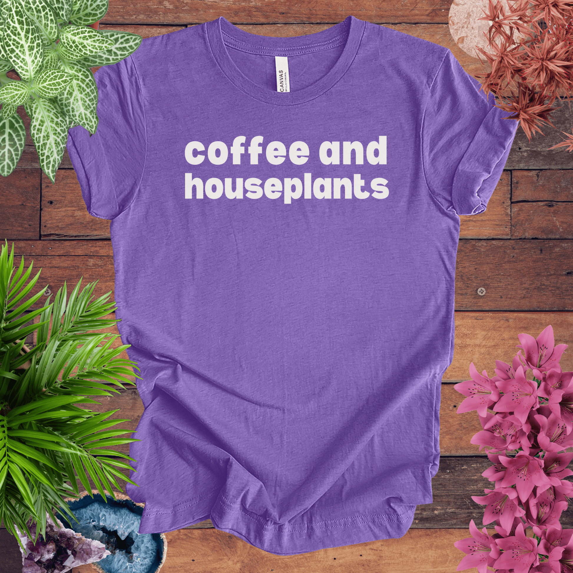Printify T-Shirt Heather Team Purple / S Coffee and Houseplants T-Shirt