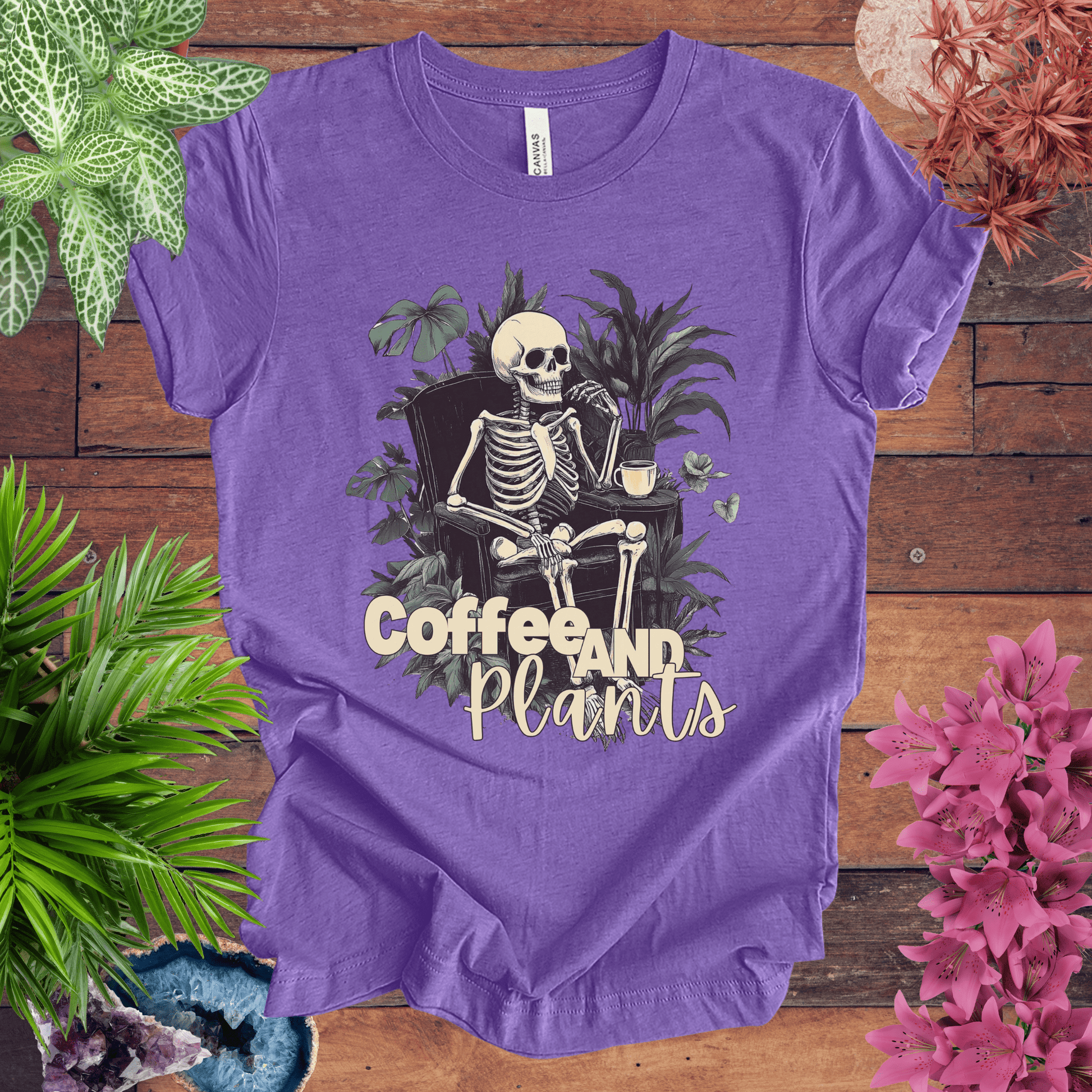 Printify T-Shirt Heather Team Purple / S Coffee and Plants Skeleton T-Shirt