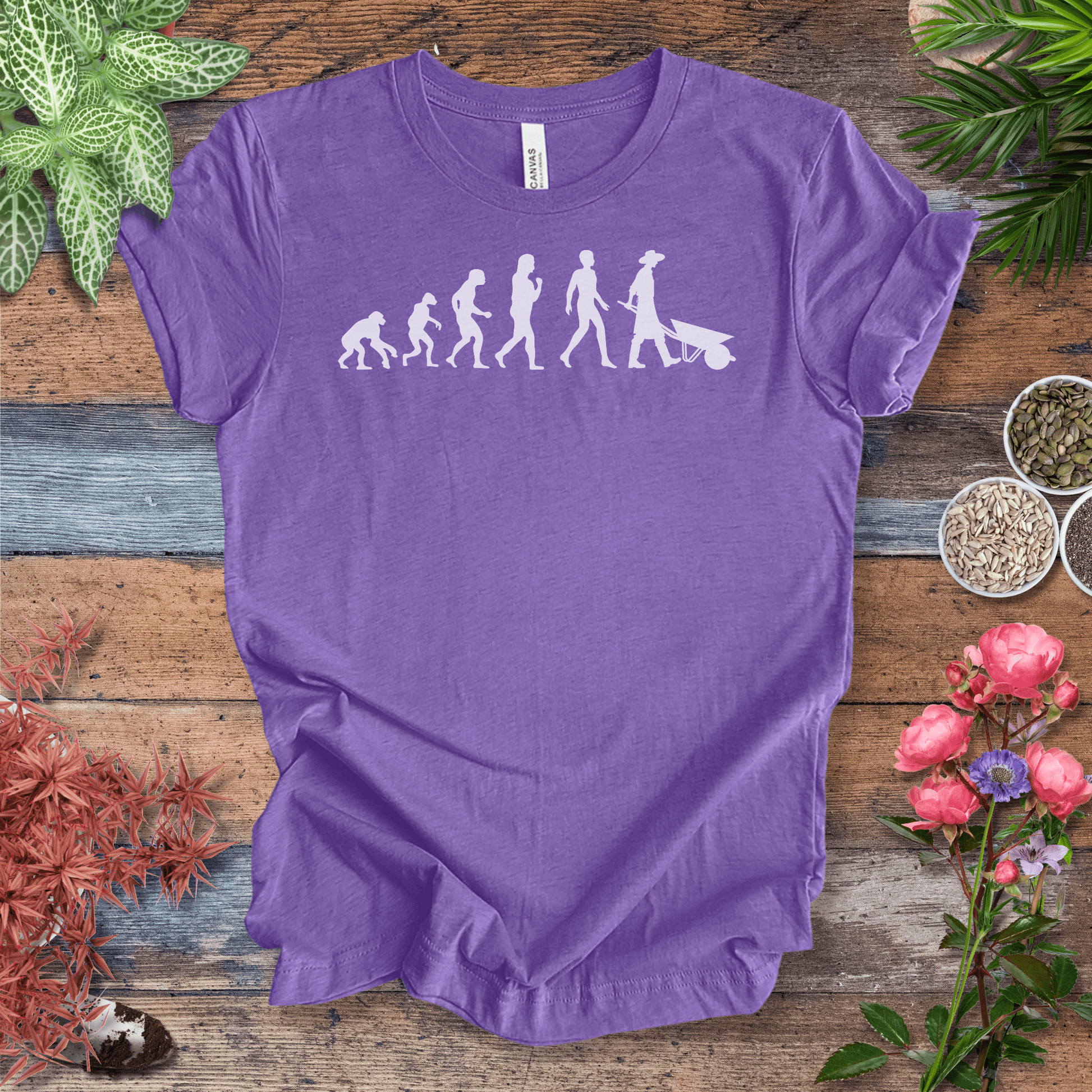 Printify T-Shirt Heather Team Purple / S Evolution of a Gardener (Wheelbarrow) | Fun Gardening Tee