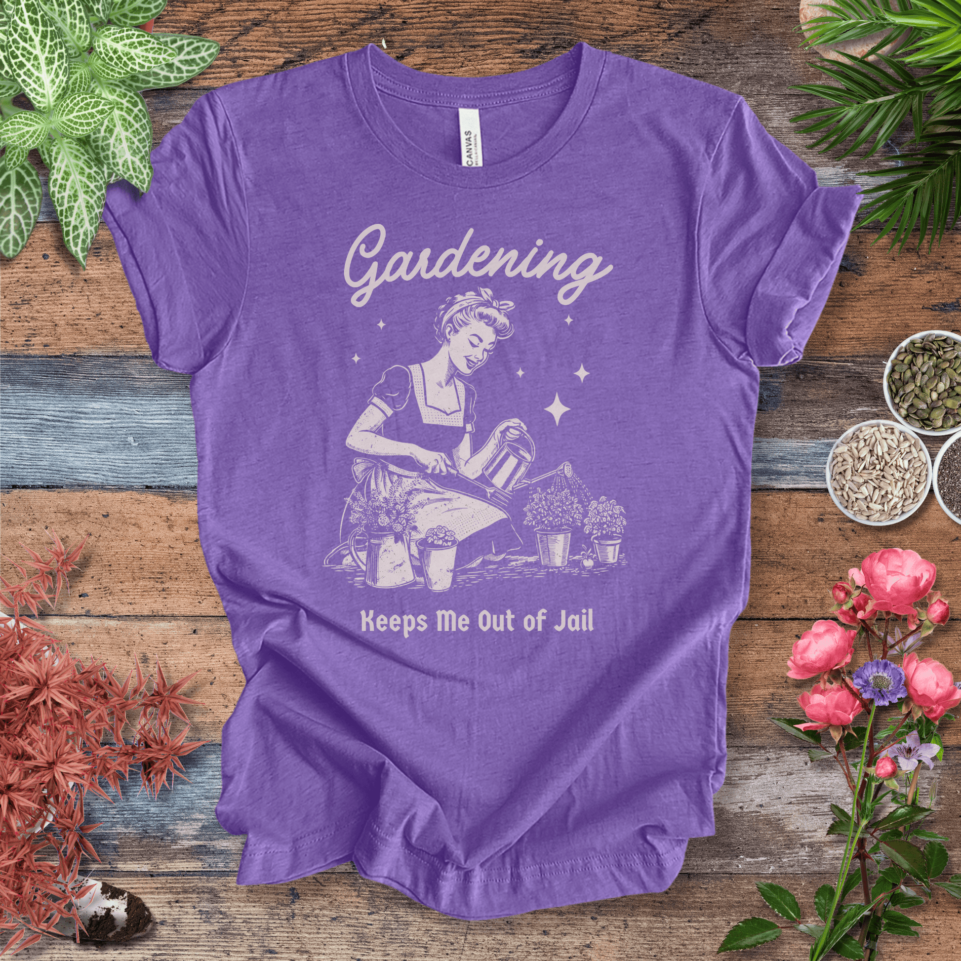 Printify T-Shirt Heather Team Purple / S Gardening T-Shirt – “Keeps Me Out Of Jail” Funny Gardener Tee