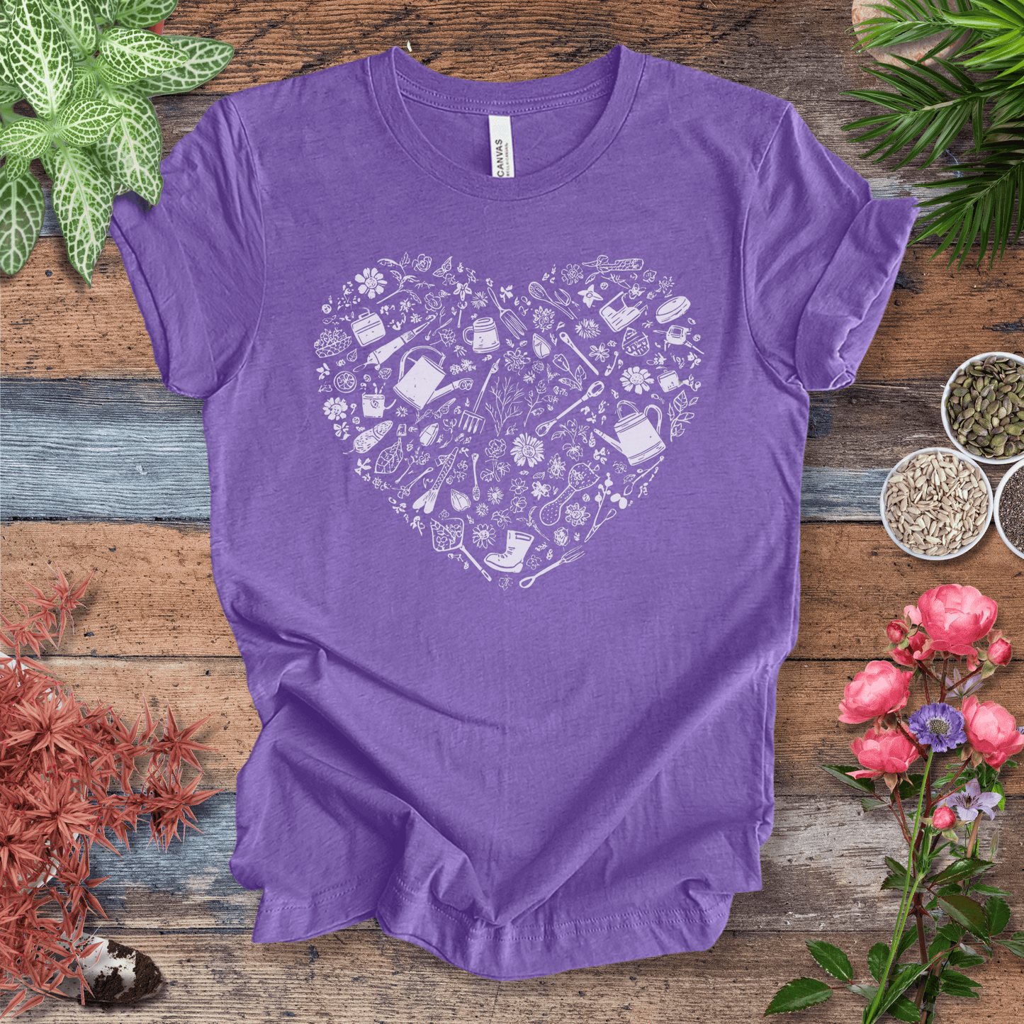 Printify T-Shirt Heather Team Purple / S Gardening Tools T-Shirt – Botanical Garden Tools Heart Graphic Tee