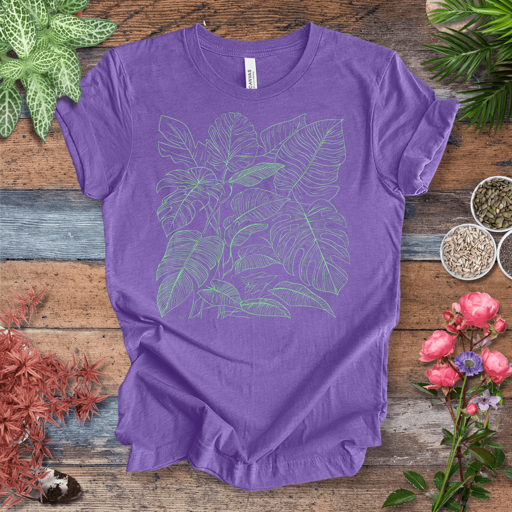 Printify T-Shirt Heather Team Purple / S Monstera Jungle Line-Art T-Shirt – Neon Green Tropical Leaves Graphic Tee | Botanical Streetwear, Houseplant Lover Gift