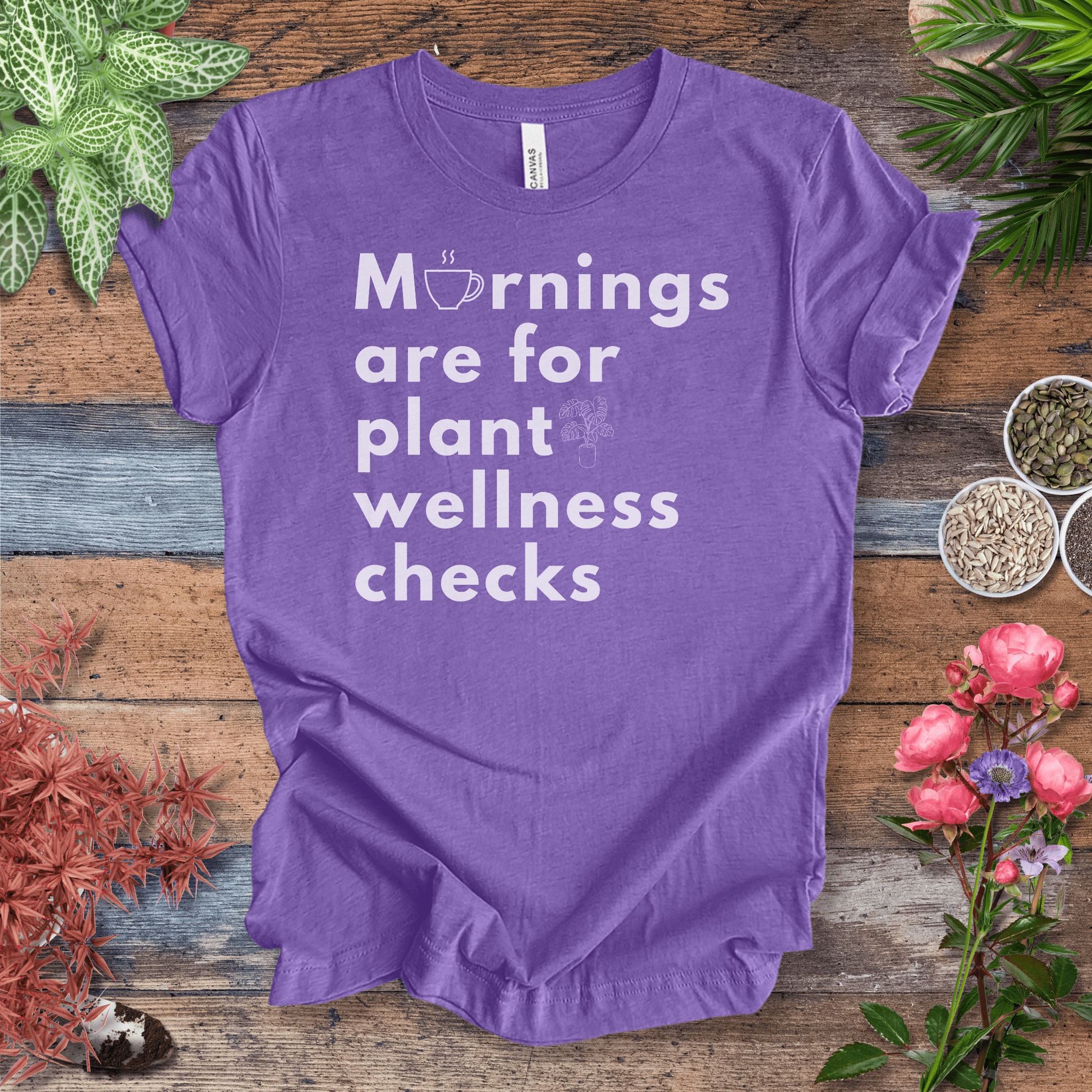 Printify T-Shirt Heather Team Purple / S Mornings Are for Plant Wellness Checks | Cozy Plant Parent Tee