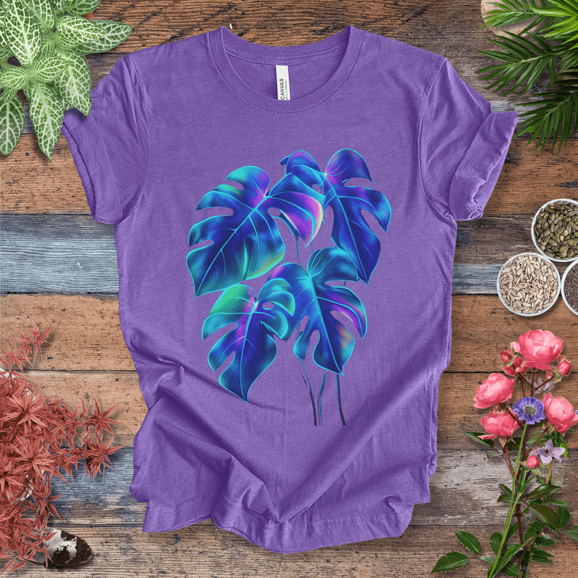 Printify T-Shirt Heather Team Purple / S Neon Rainbow Monstera Jungle Aesthetic Plant Lover T-Shirt
