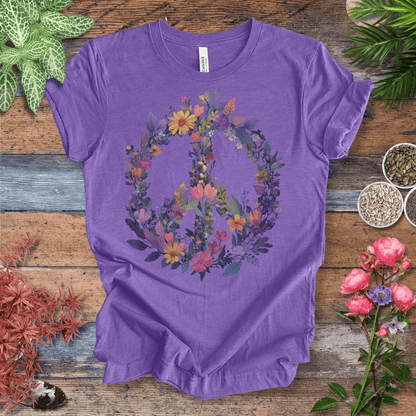 Printify T-Shirt Heather Team Purple / S Rainbow Peace Sign Floral T-Shirt – Pastel Garden Wreath Tee | Eco-Friendly Plant Lover Gift | Sustainable Unisex Tee